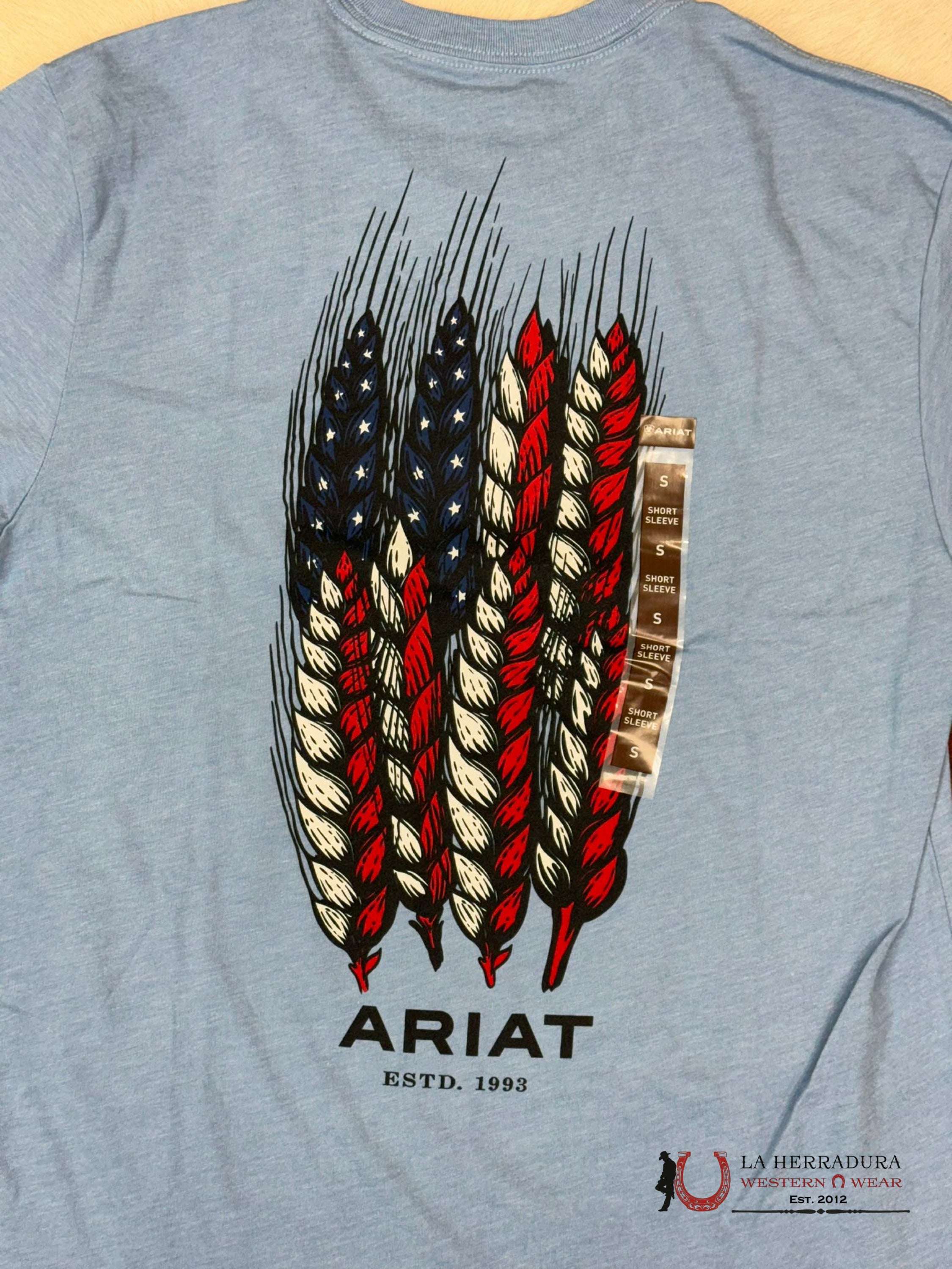 Ariat Wheat Flag Short Sleeve Light Blue Heather T-Shirt Ropa Hombres