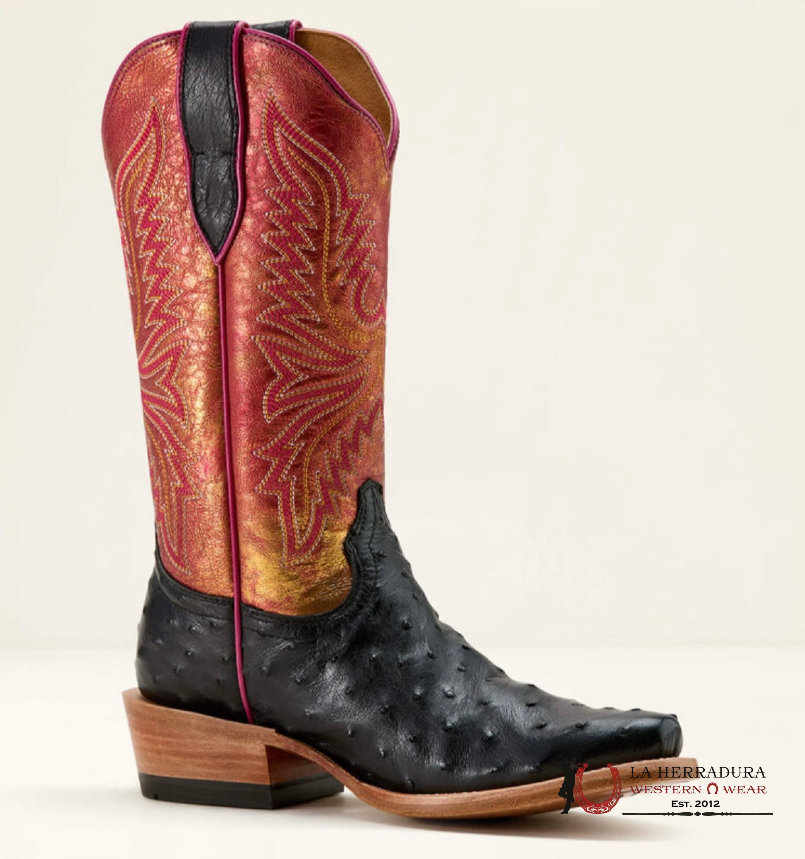 Ariat Women Boot Futurity Revival Jet Black Full Quill Ostrich/Sunrise Shine Botas Mujeres