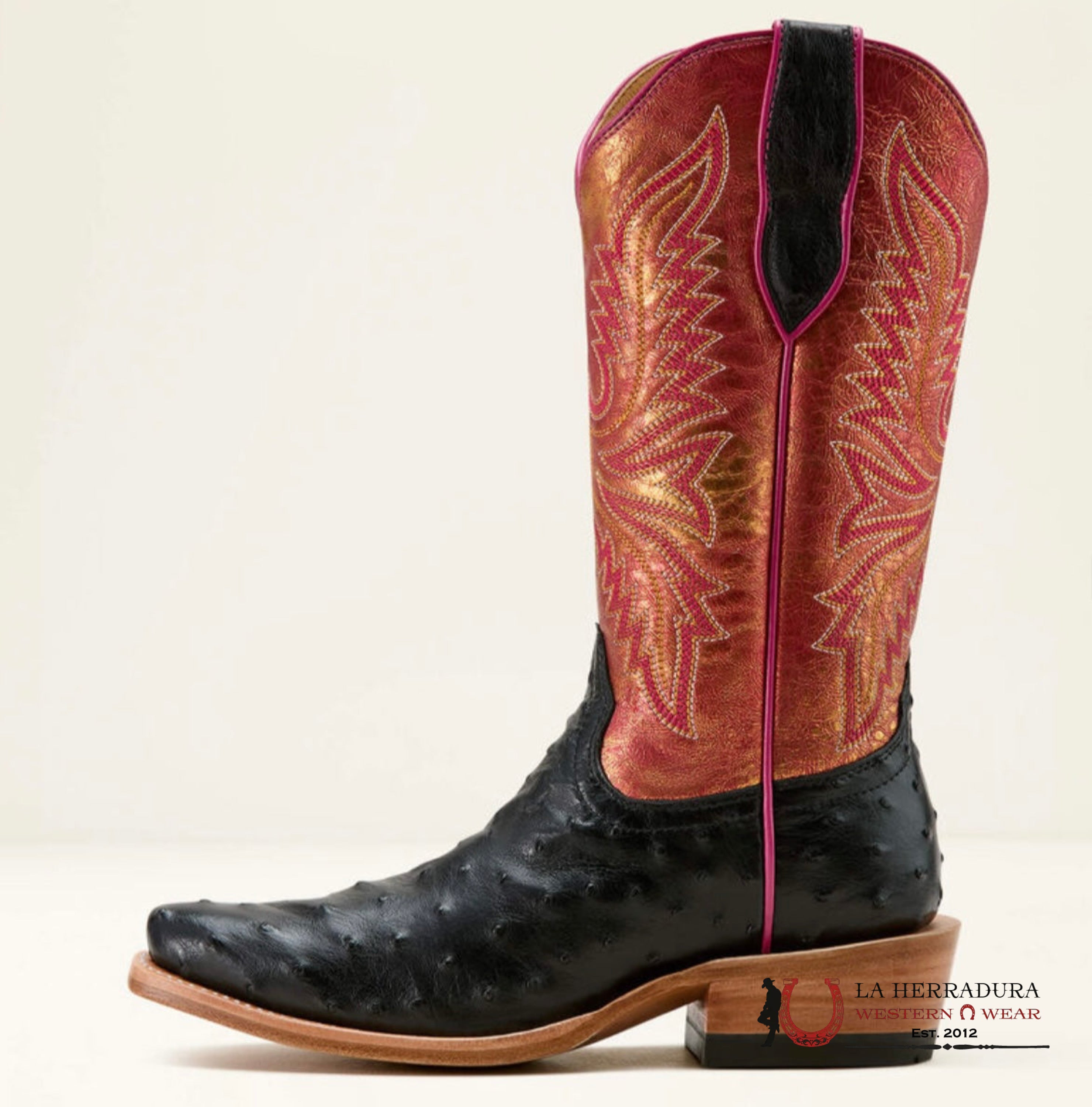 Ariat Women Boot Futurity Revival Jet Black Full Quill Ostrich/Sunrise Shine Botas Mujeres