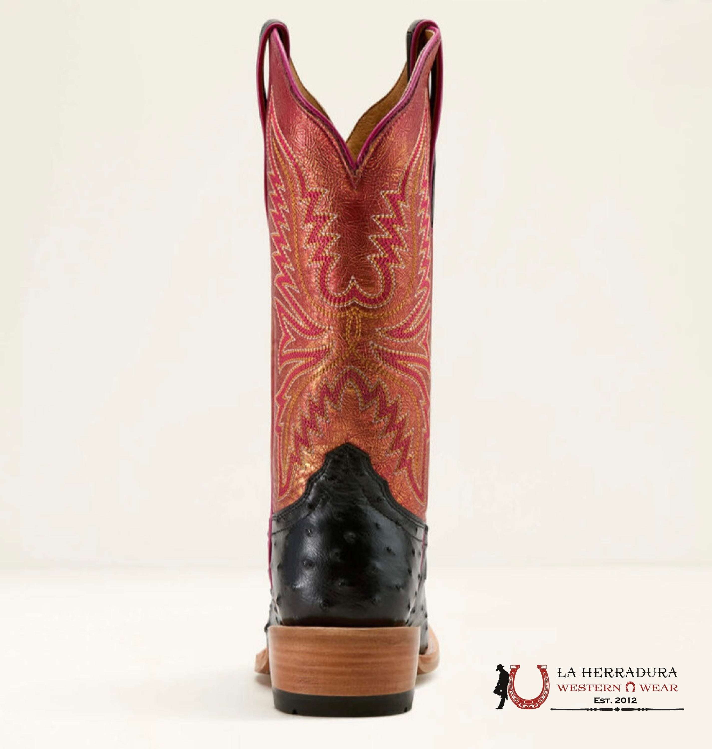 Ariat Women Boot Futurity Revival Jet Black Full Quill Ostrich/Sunrise Shine Botas Mujeres