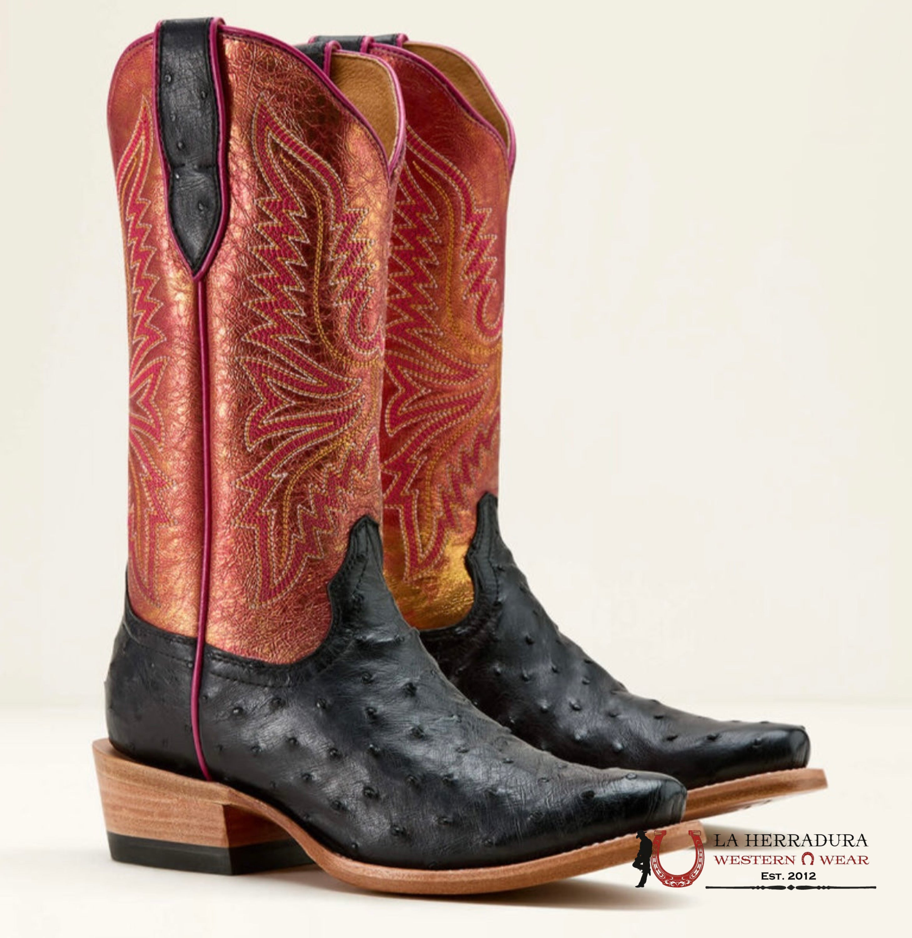 Ariat Women Boot Futurity Revival Jet Black Full Quill Ostrich/Sunrise Shine Botas Mujeres