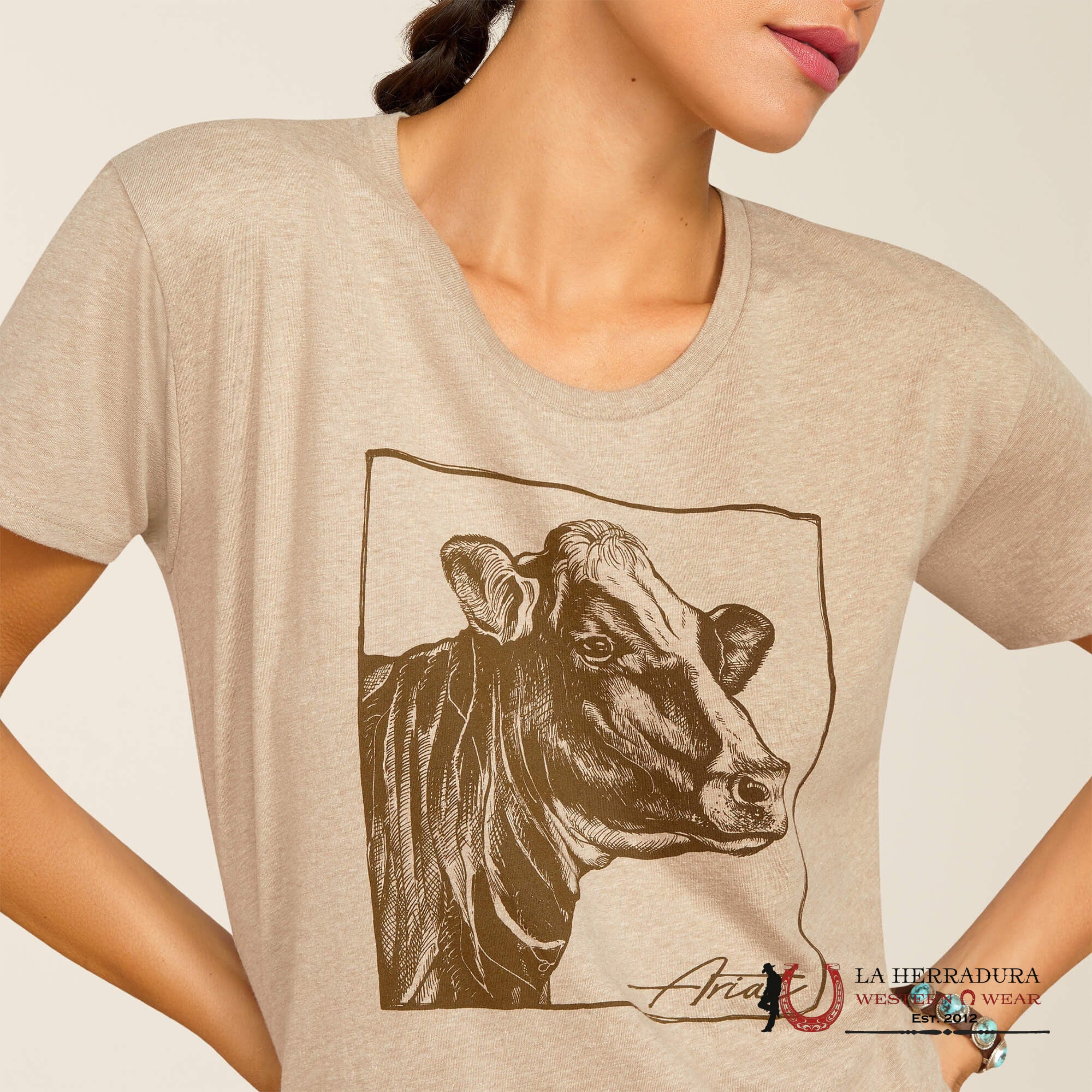 ARIAT WOMEN COW COVER OATMEAL HEATHER SHORT SLEEVE T-SHIRT ROPA MUJERES