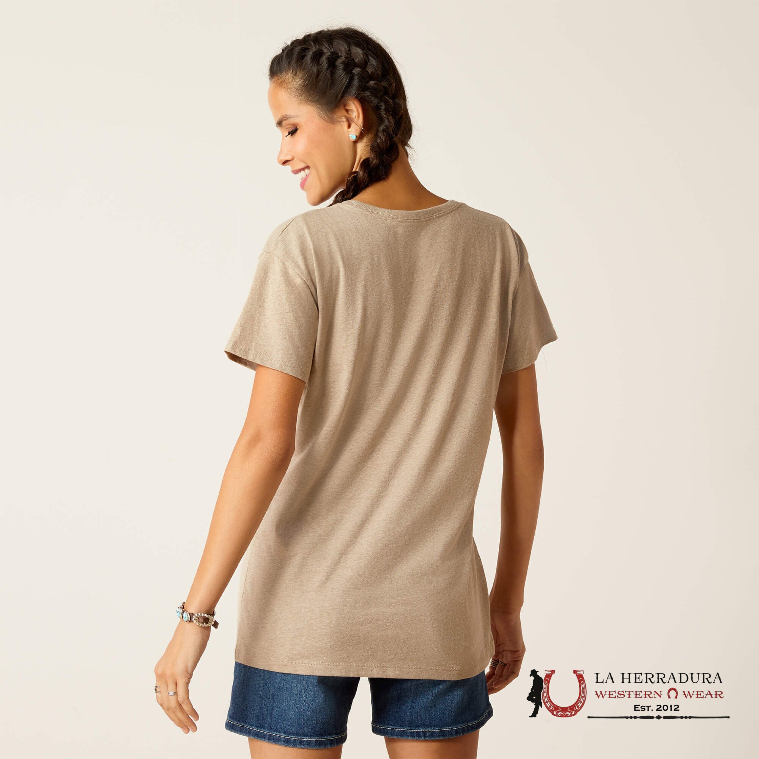 ARIAT WOMEN COW COVER OATMEAL HEATHER SHORT SLEEVE T-SHIRT ROPA MUJERES