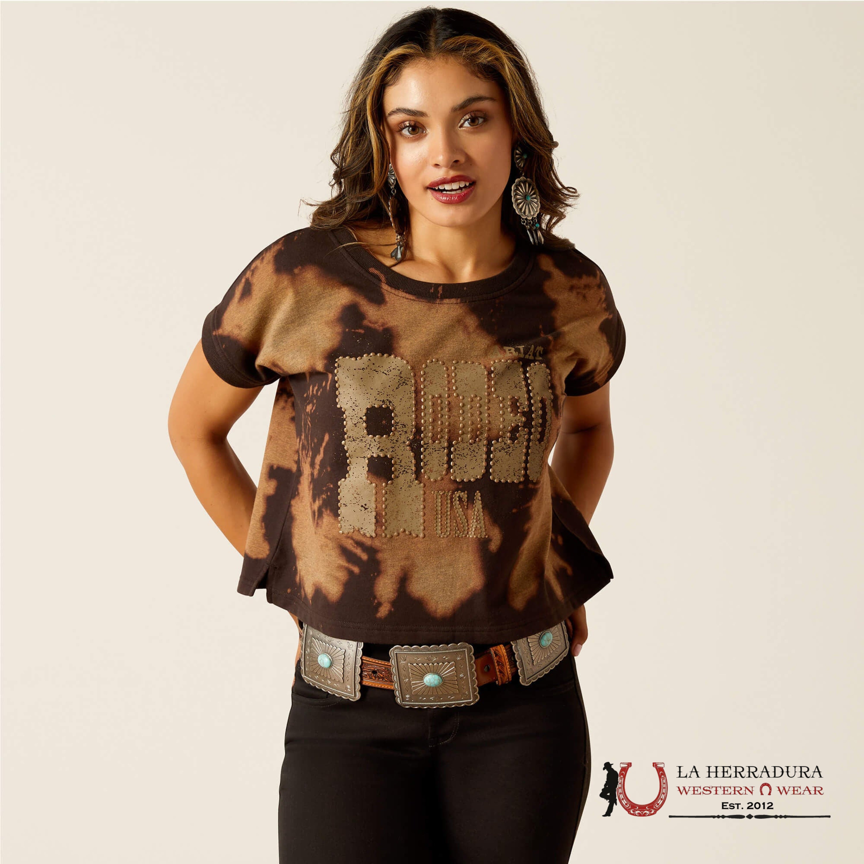 ARIAT WOMEN CROP TOP RODEO USA BLEACHED BLACK & TAN 10051309 ROPA MUJERES