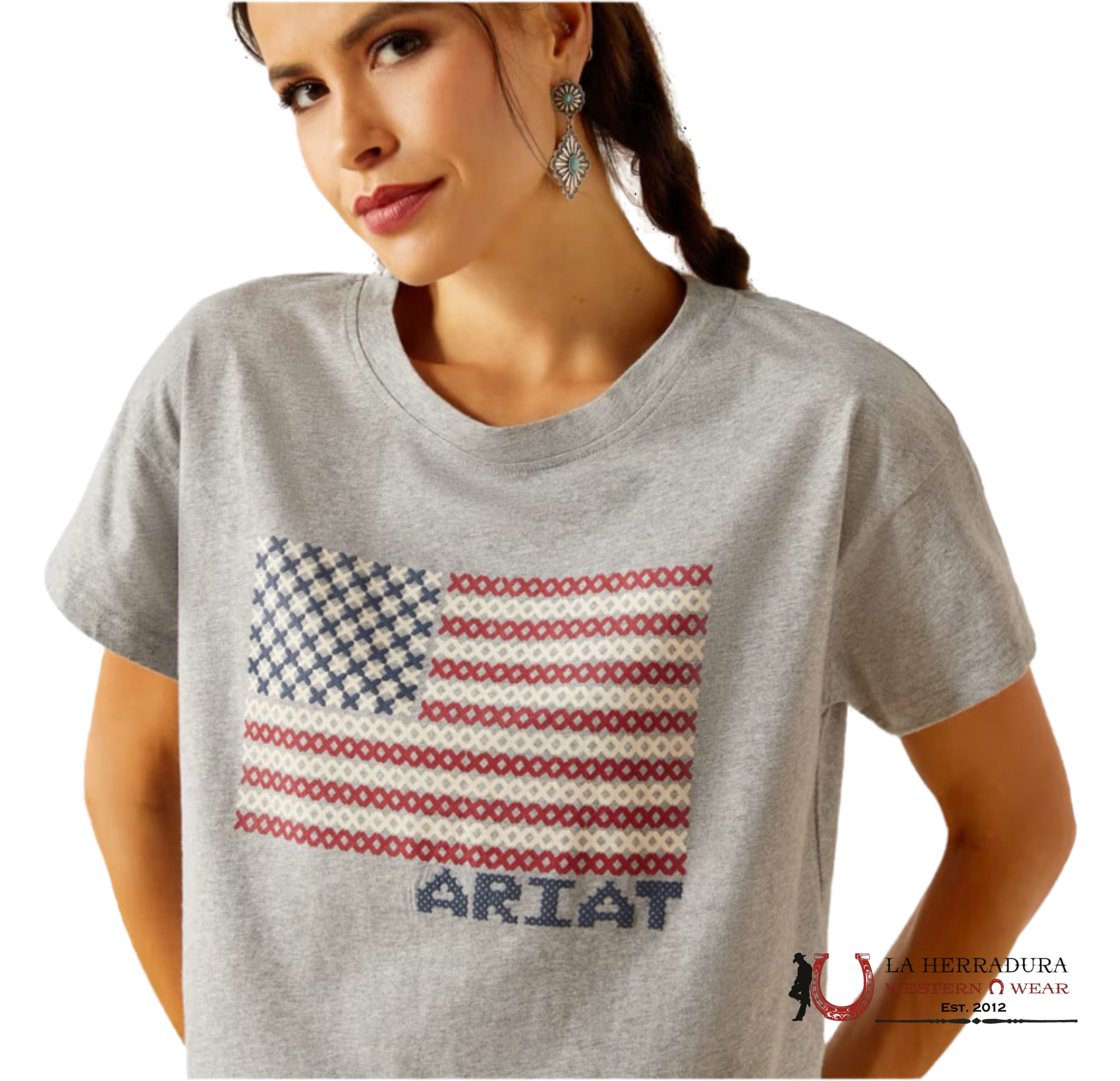 Ariat Women Homespun Flag Short Sleeve Heather Grey Ropa Mujeres