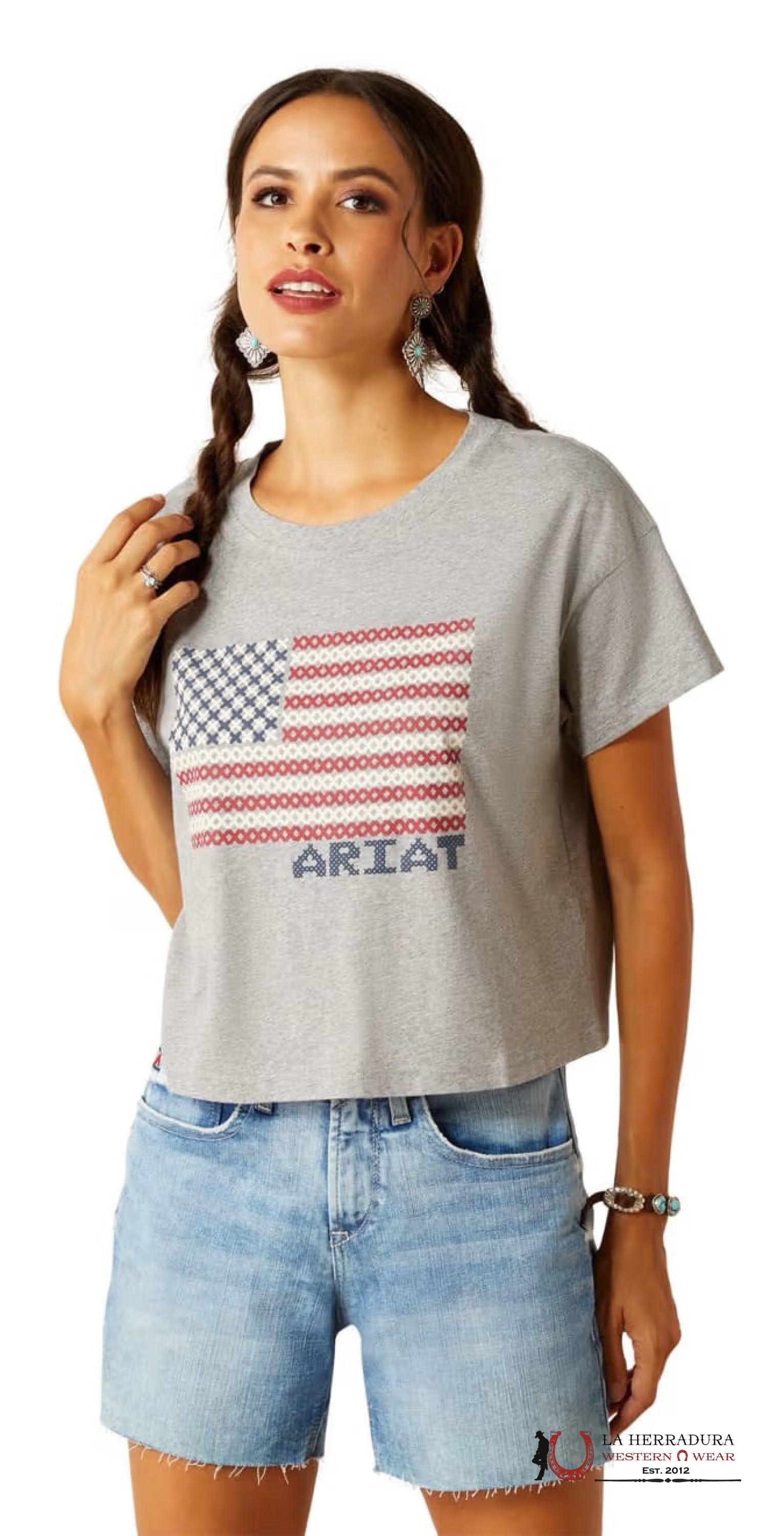 Ariat Women Homespun Flag Short Sleeve Heather Grey Ropa Mujeres