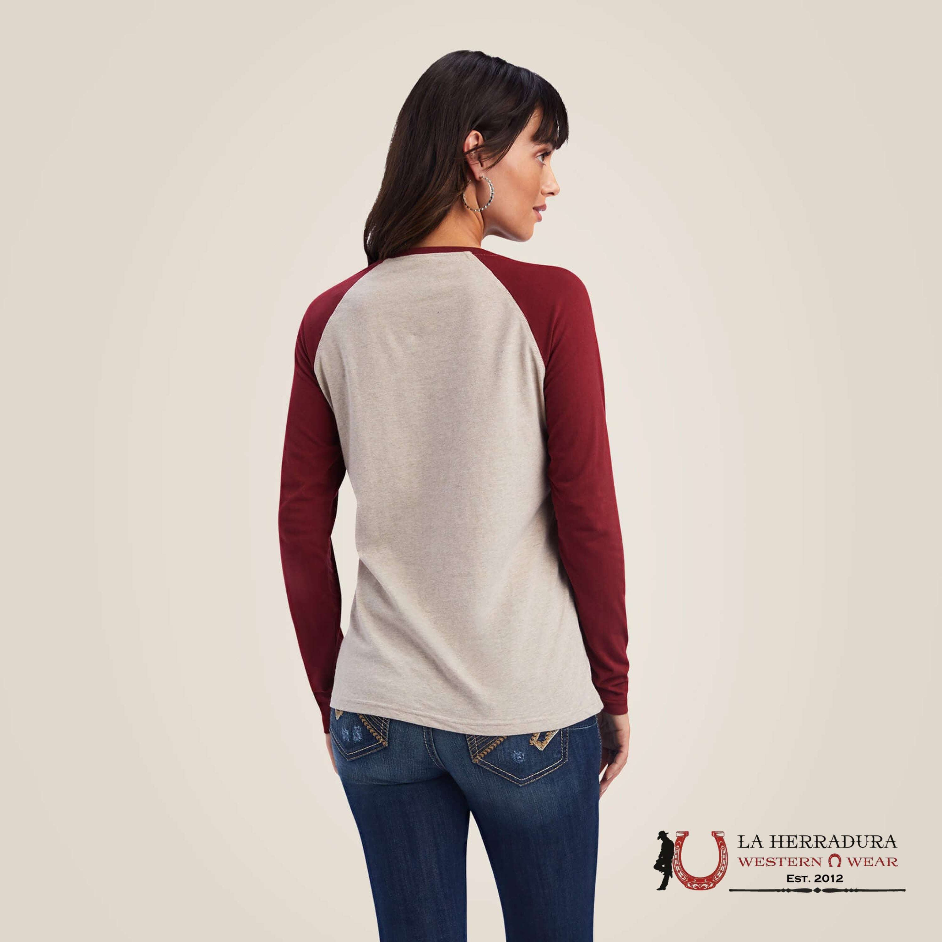 ARIAT WOMEN LONG SLEEVE REAL ROPEY ROSE OATMEAL HEATHER ROUGE RED 10041343 ROPA MUJERES