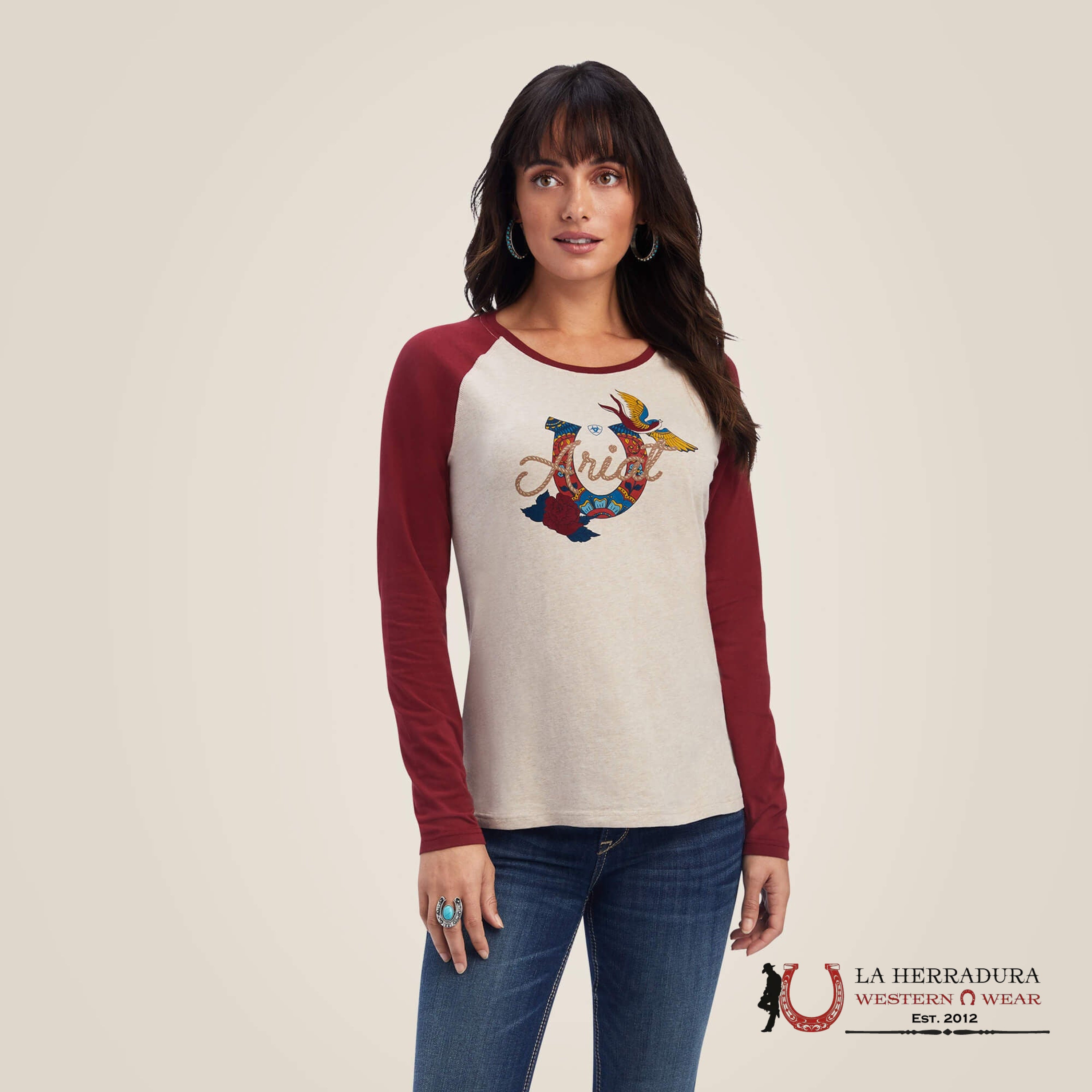 ARIAT WOMEN LONG SLEEVE REAL ROPEY ROSE OATMEAL HEATHER ROUGE RED 10041343 ROPA MUJERES