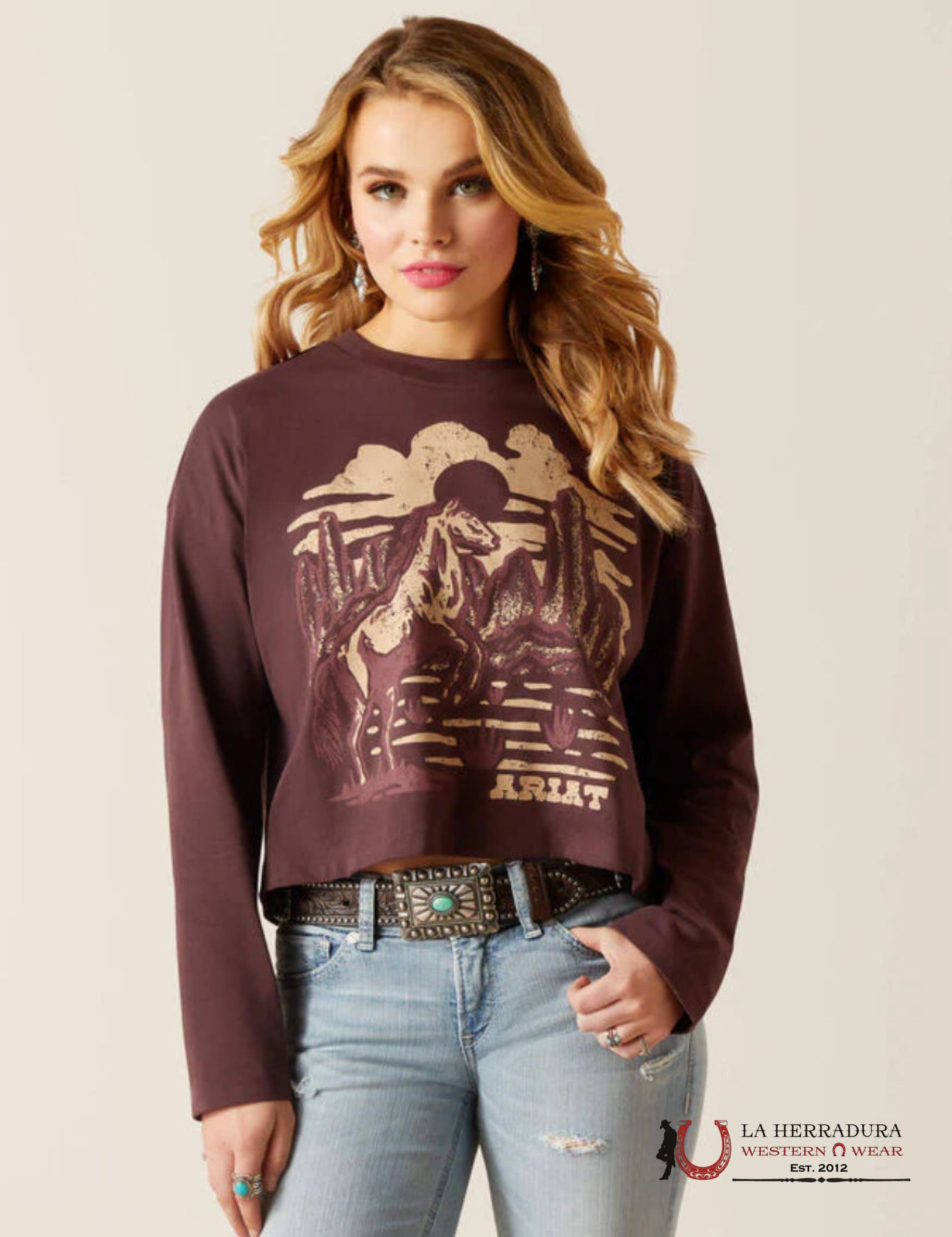 ARIAT WOMEN LONG SLEEVE SHIRT PRUPLE DESERT HORSE CLOVE BROWN 10047409 ROPA MUJERES
