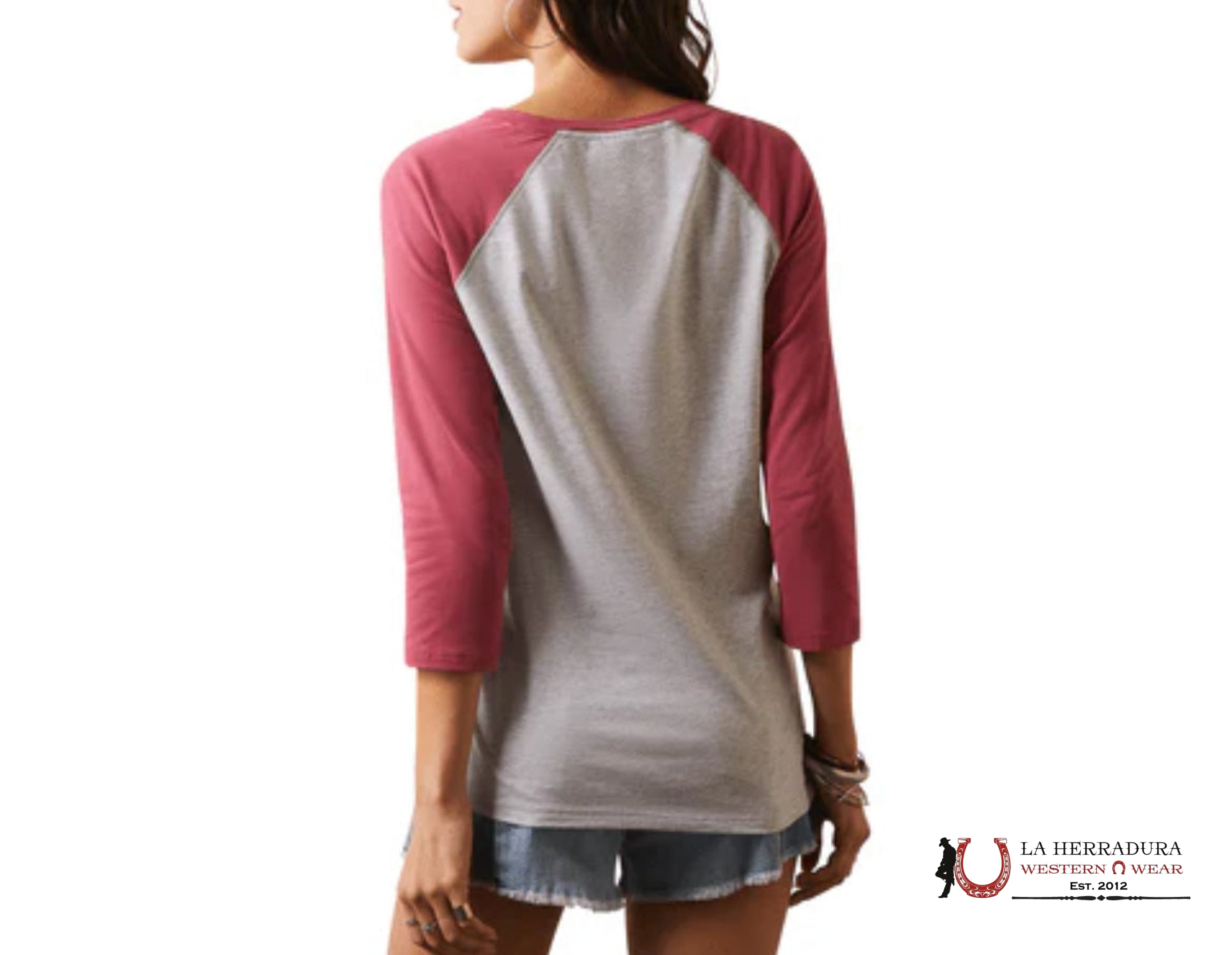 ARIAT WOMEN PAINTED DREAMS LIGHT HEATHER GREY EARTH RED LONG SLEEVE T- SHIRT 10043409 ROPA MUJERES