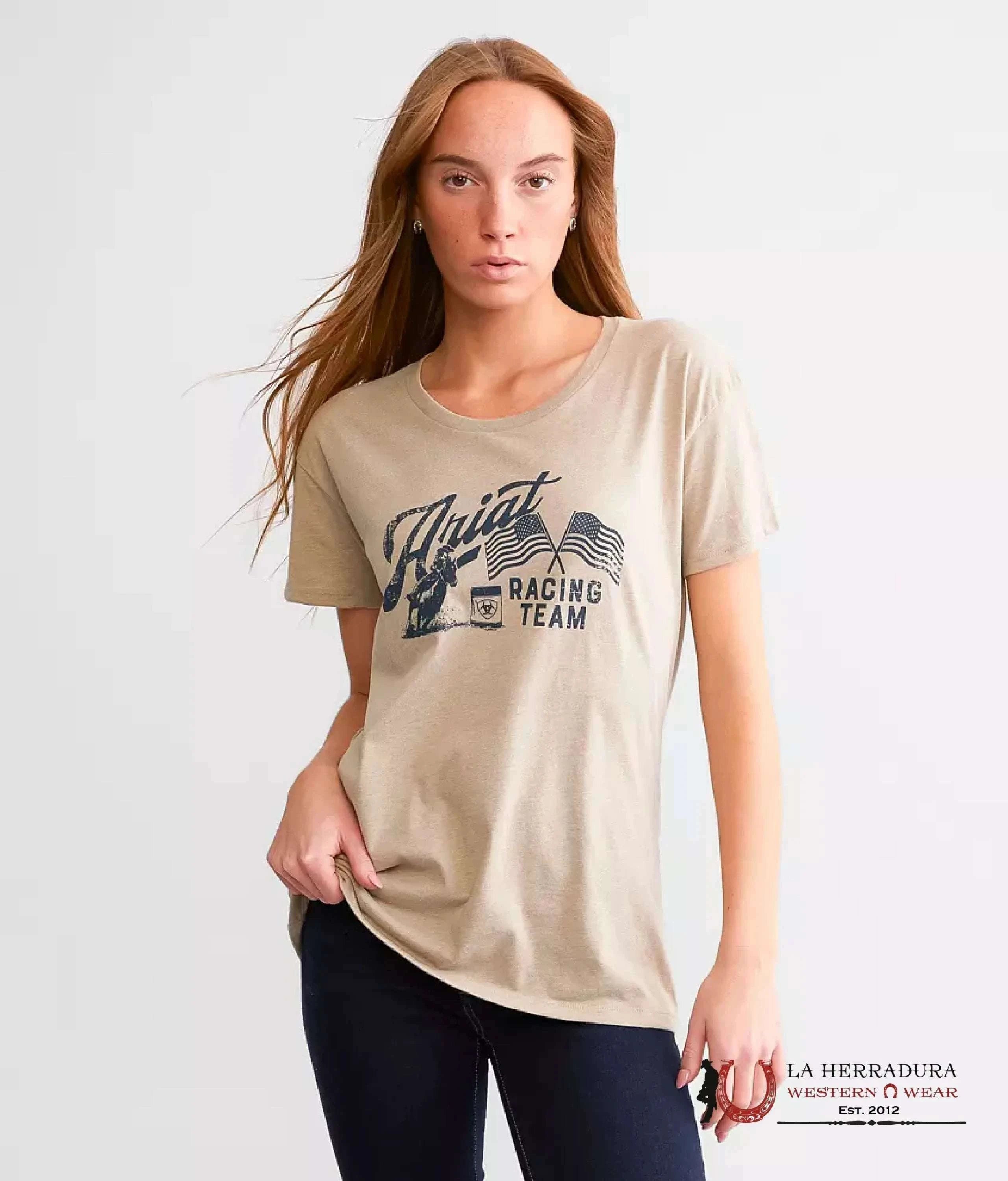 ARIAT WOMEN RACING TEAM OATMEAL HEATHER SHORT SLEEVE T-SHIRT 10047923 ROPA MUJERES
