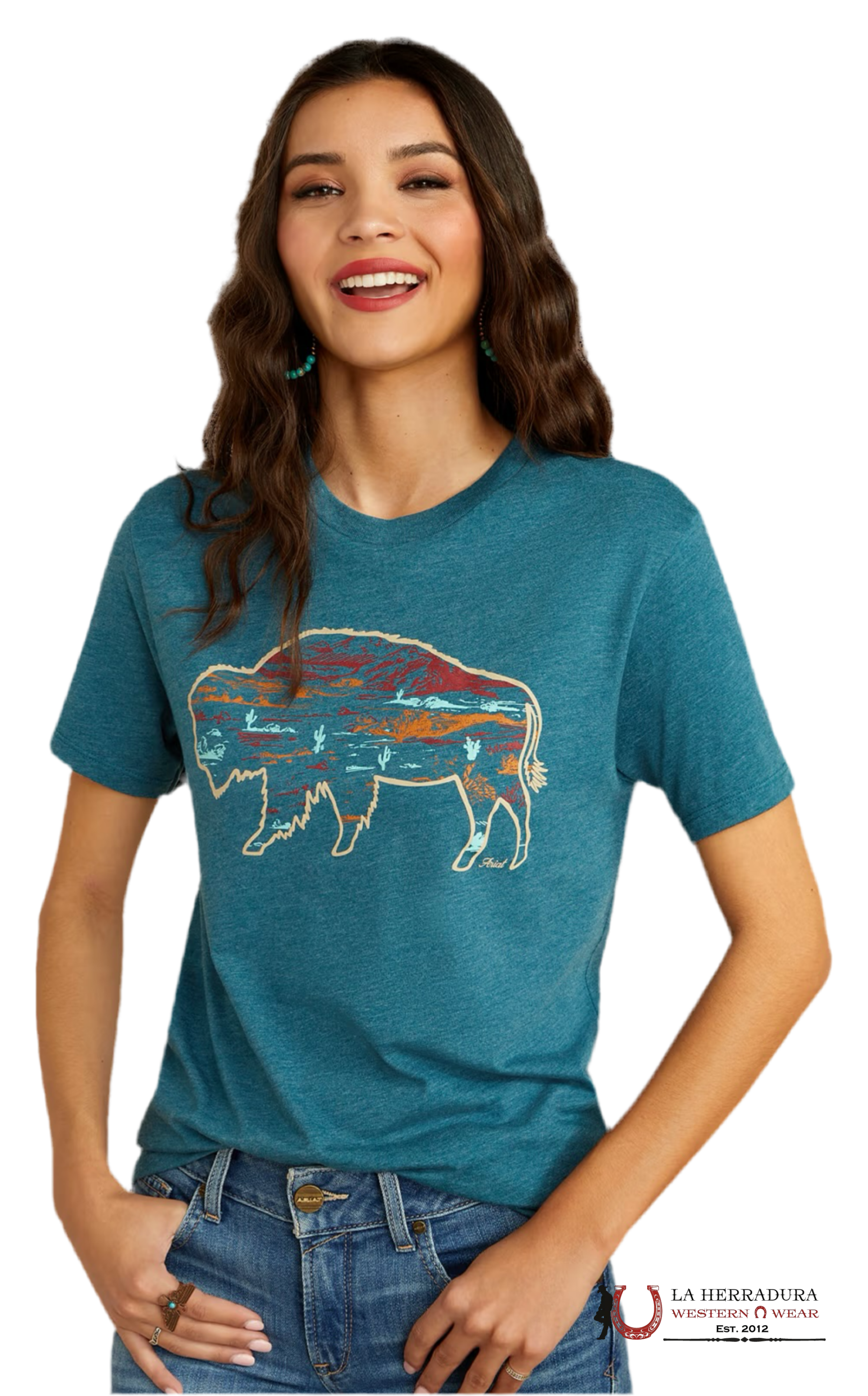 Ariat Women Bison Ranch Short Sleeve Deep Sea Heather Ropa Mujeres