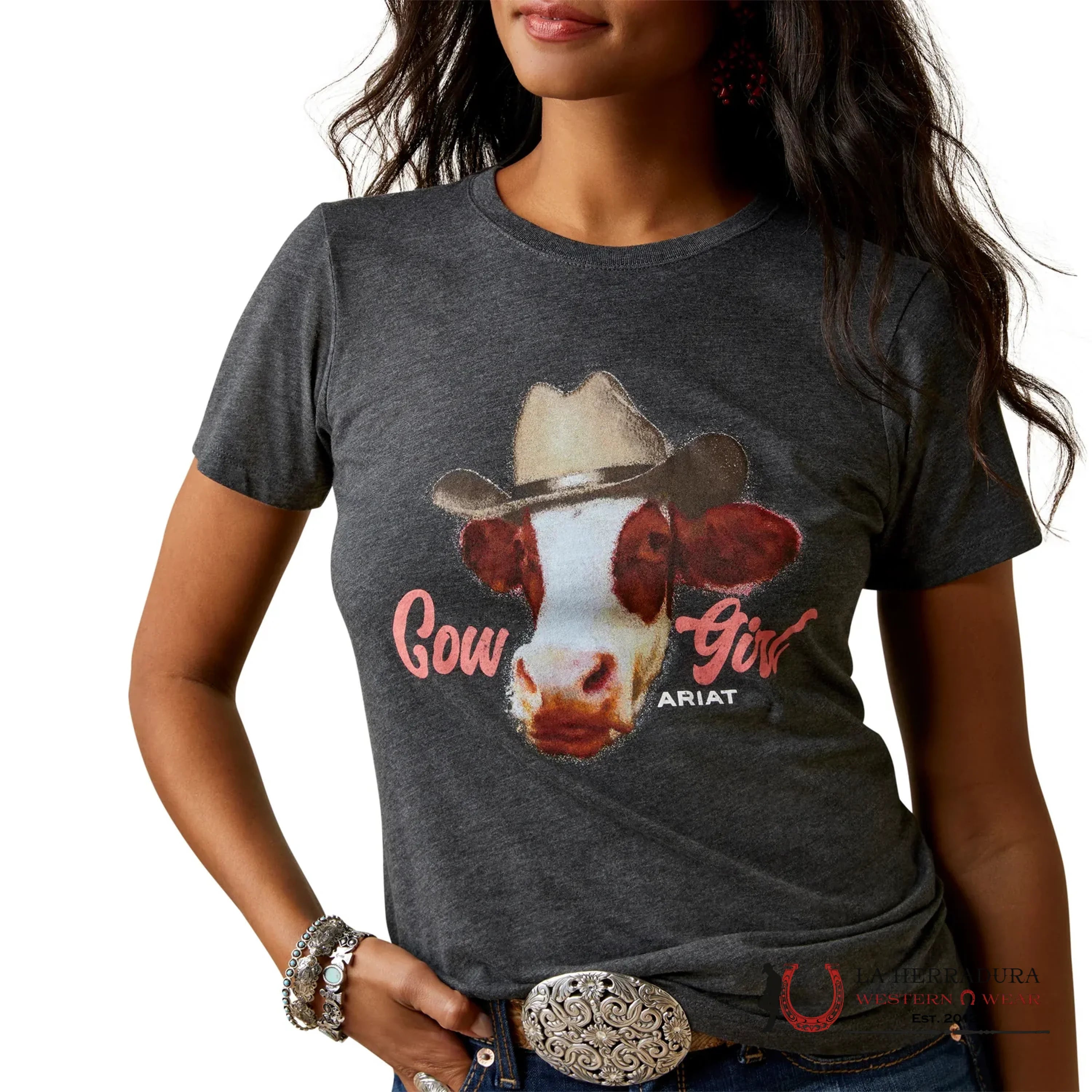 ) Ariat Women Cow Girl Charcoal Heather Short Sleeve Oatmeal Ropa Mujeres