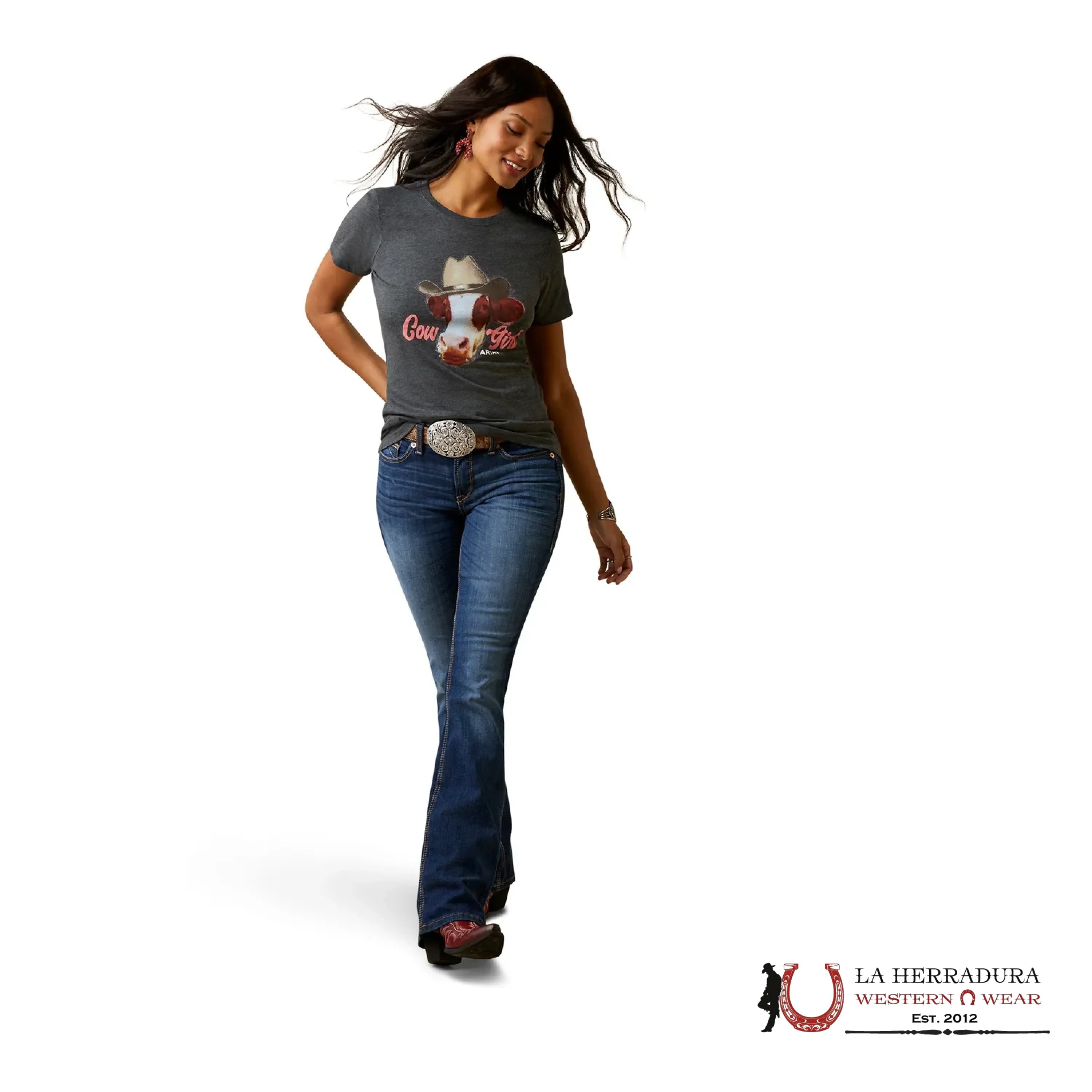 ) Ariat Women Cow Girl Charcoal Heather Short Sleeve Oatmeal Ropa Mujeres