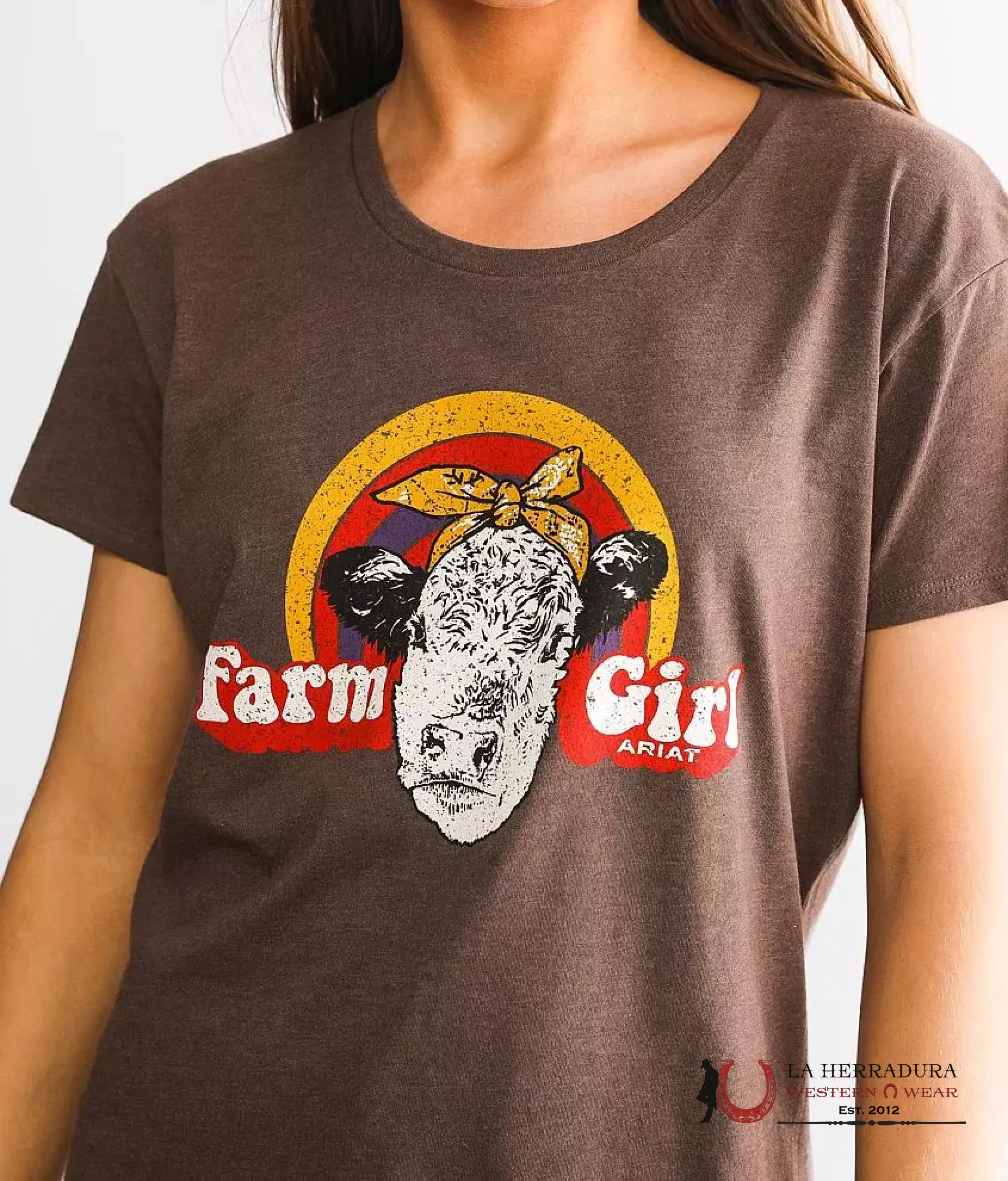 ARIAT WOMEN T SHIRT HEREFORD BROWN HEATHER COW RANBOW 10039978 ROPA MUJERES