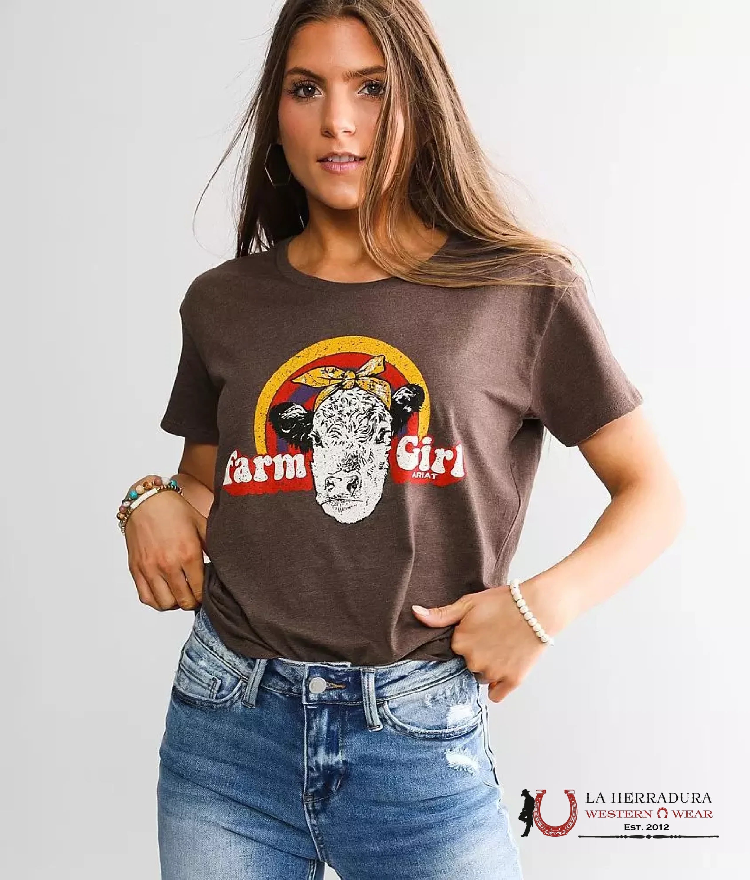 ARIAT WOMEN T SHIRT HEREFORD BROWN HEATHER COW RANBOW 10039978 ROPA MUJERES