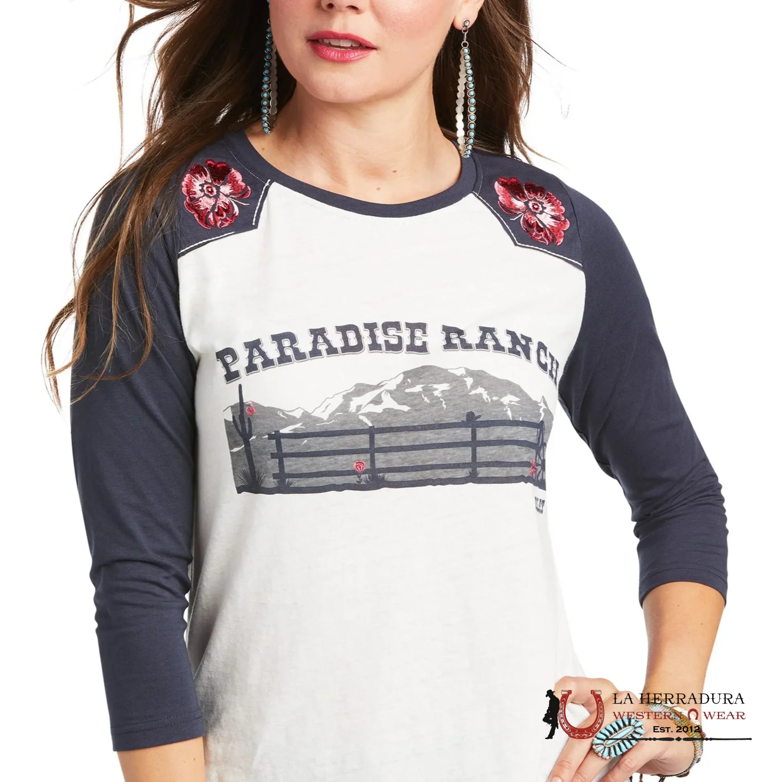 ARIAT WOMEN T-SHIRT LONG SLEEVE SHIRT RANCH FLOWERS RAGLAN CLOUD DAMCER 10039827 ROPA MUJERES