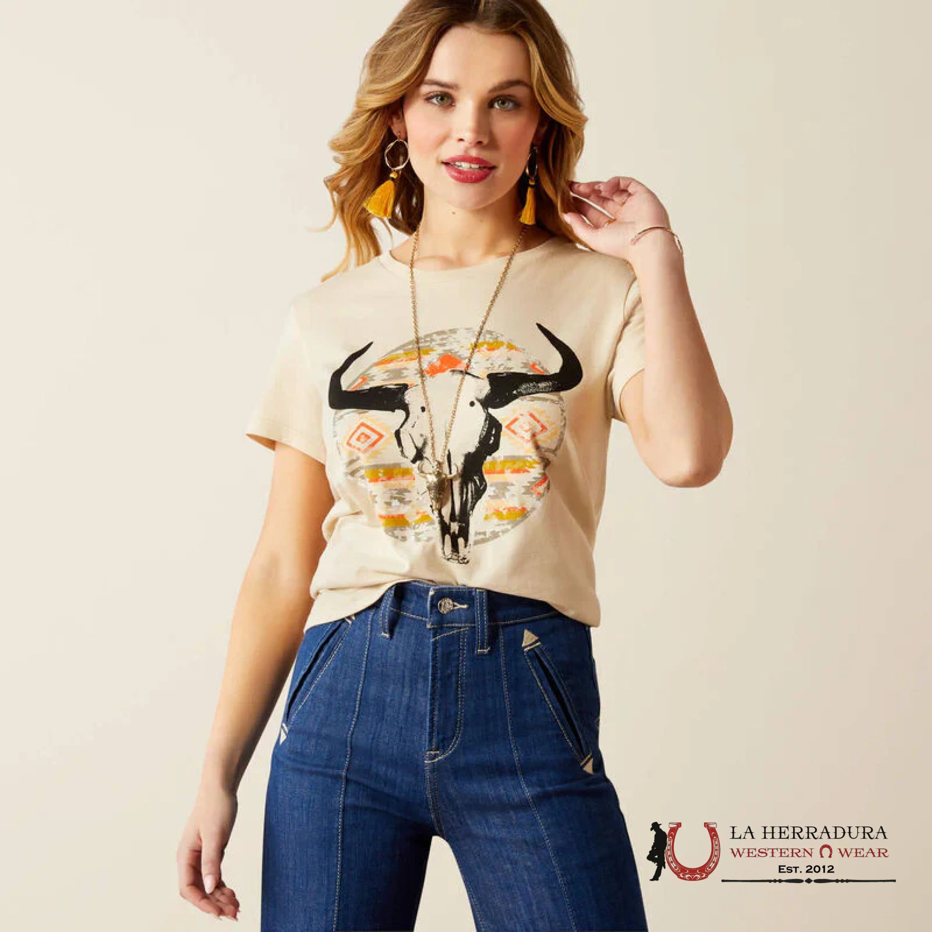 ARIAT WOMEN T-SHIRT LONGHORN WATER COLOR NATURAL 10054039 ROPA MUJERES