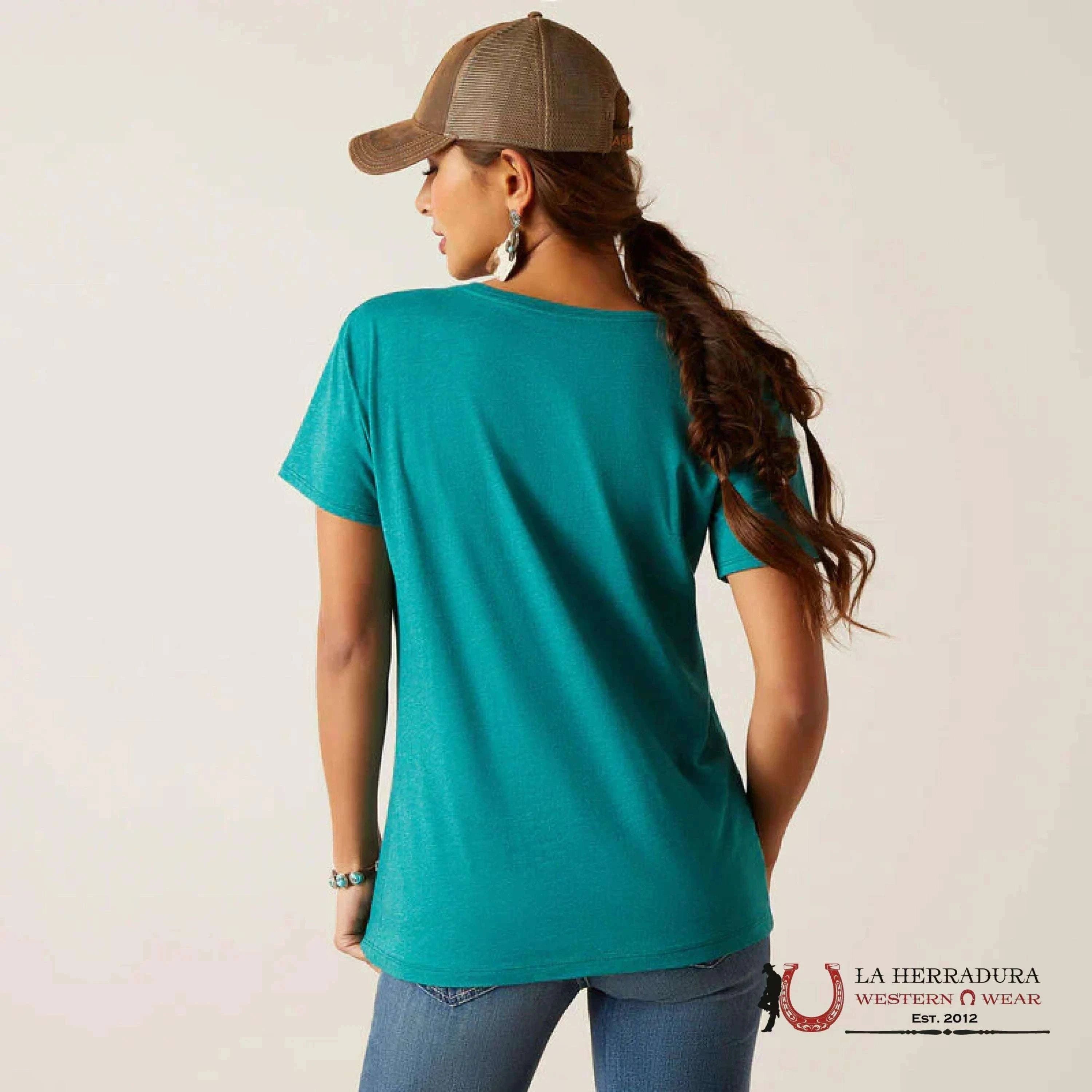 ARIAT WOMEN T-SHIRT LONGHORN WATER COLOR TEAL GREEN HEATHER 10047920 ROPA MUJERES