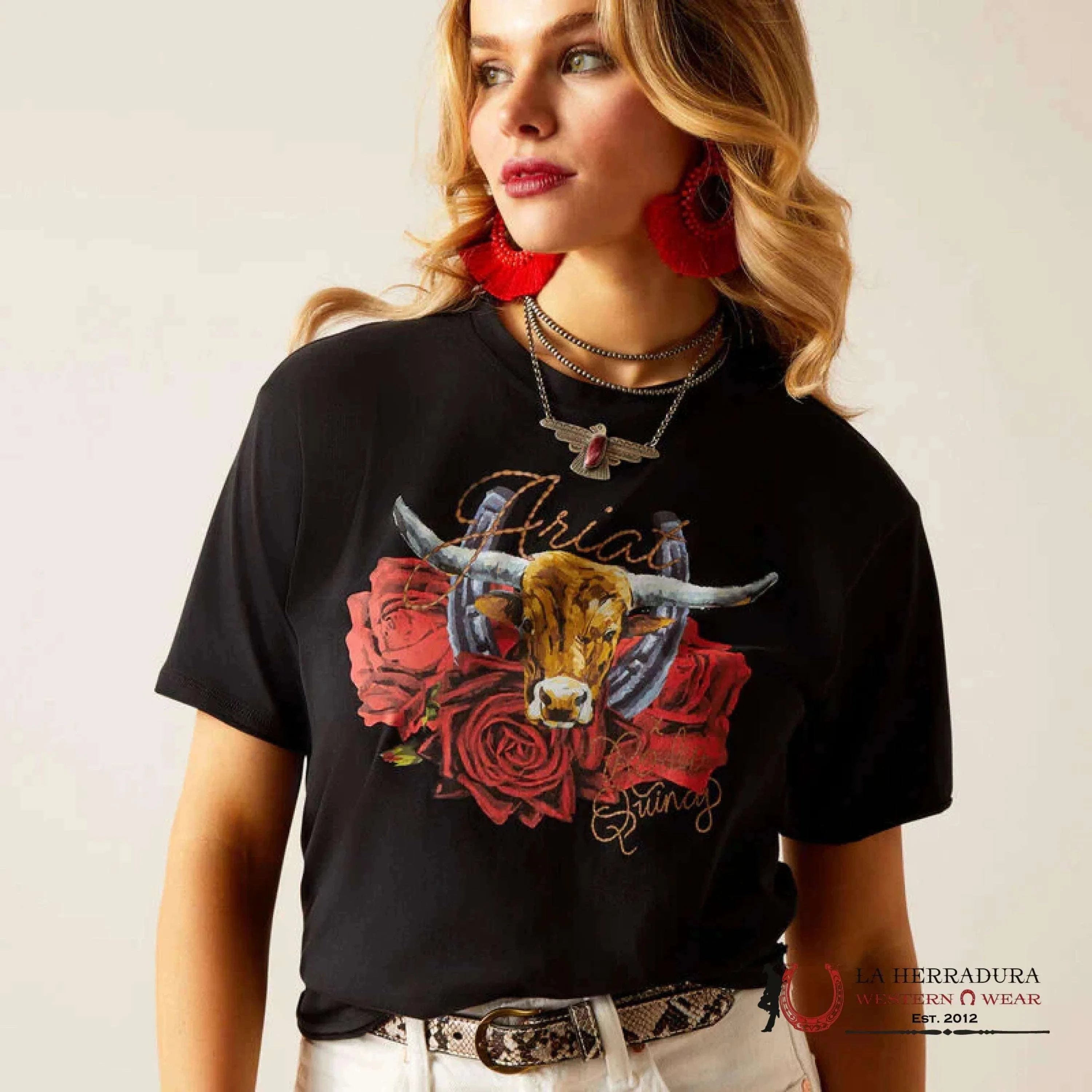 ARIAT WOMEN T-SHIRT STEER RODEO QUINCY BLACK 10048670 ROPA MUJERES