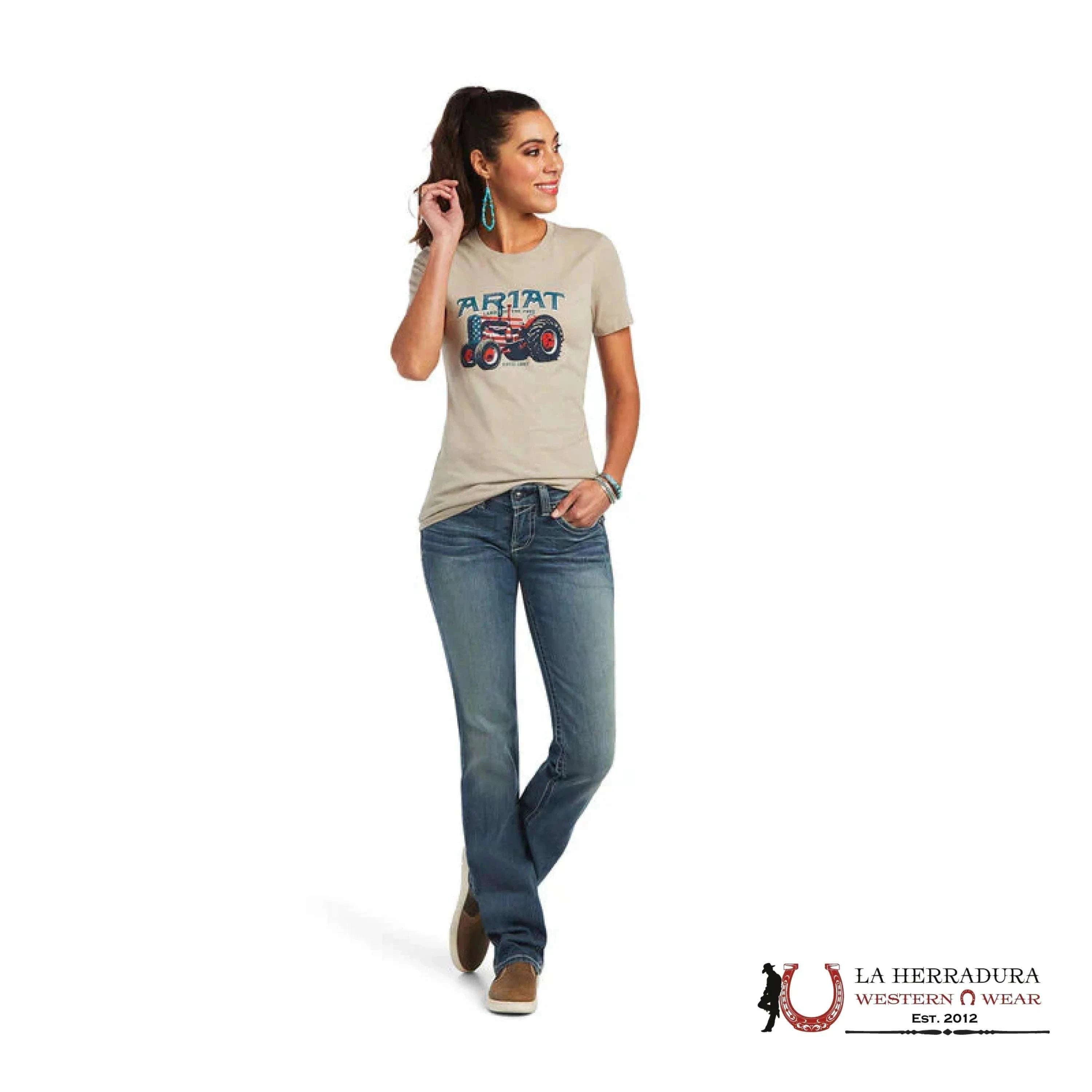 ARIAT WOMEN T-SHIRT TRACTOR USA FLAG KHAKI HEATHER 10040958 ROPA MUJERES