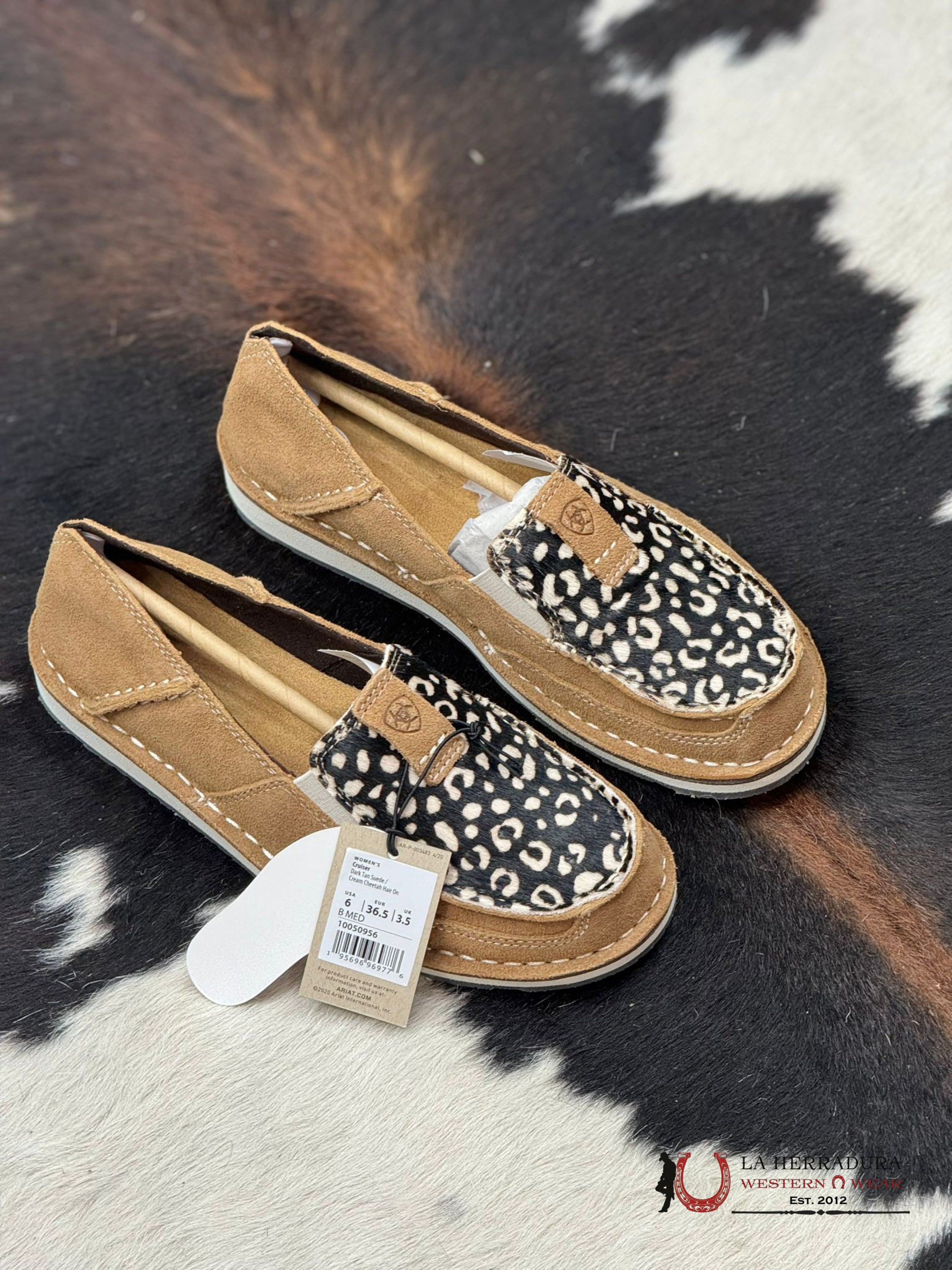 Ariat Womens Cruiser Dark Tan Suede Cream Cheetah Hair On Zapatos Mujeres