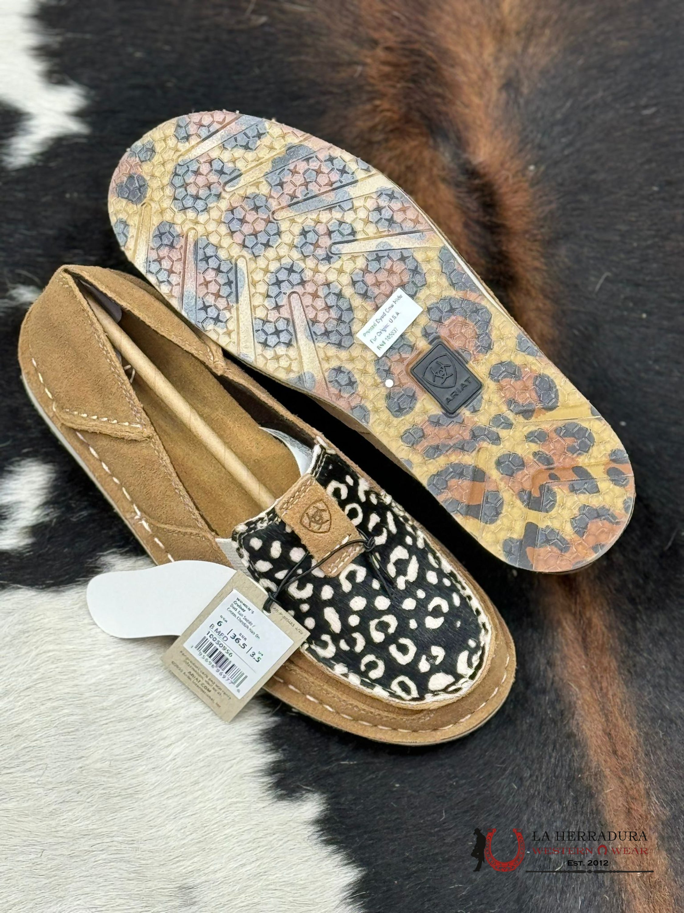Ariat Womens Cruiser Dark Tan Suede Cream Cheetah Hair On Zapatos Mujeres