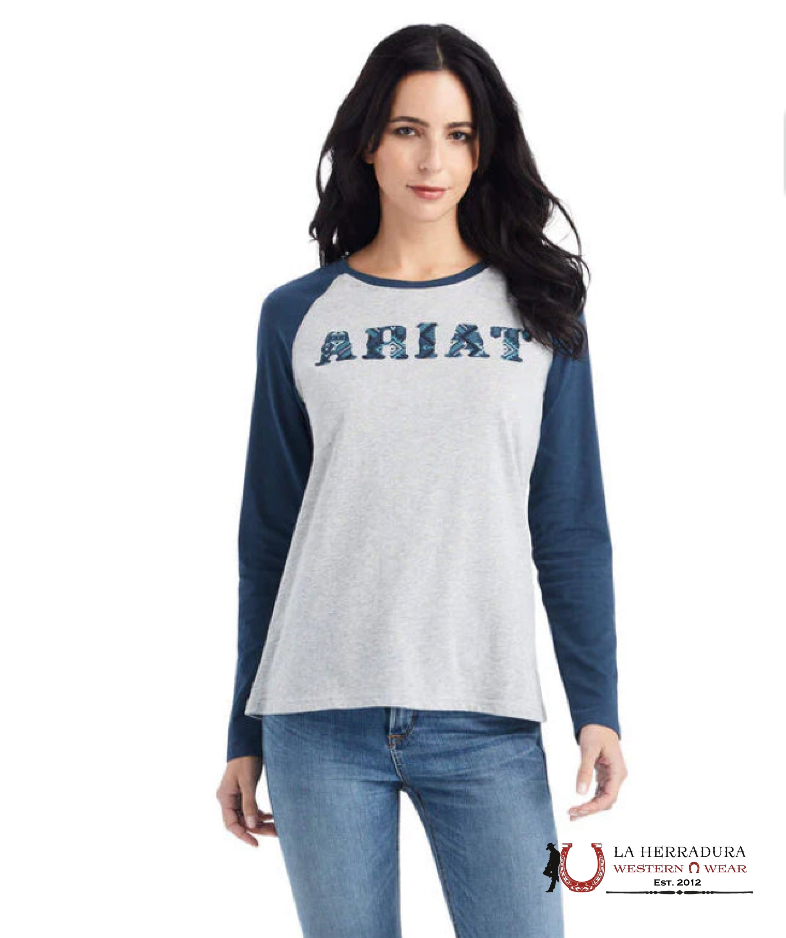 ARIAT WOMENS REAL BASEBALL HEATHER GREY MIDNIGHT BLUE LONG SLEEVE T-SHIRT 10042296 ROPA MUJERES