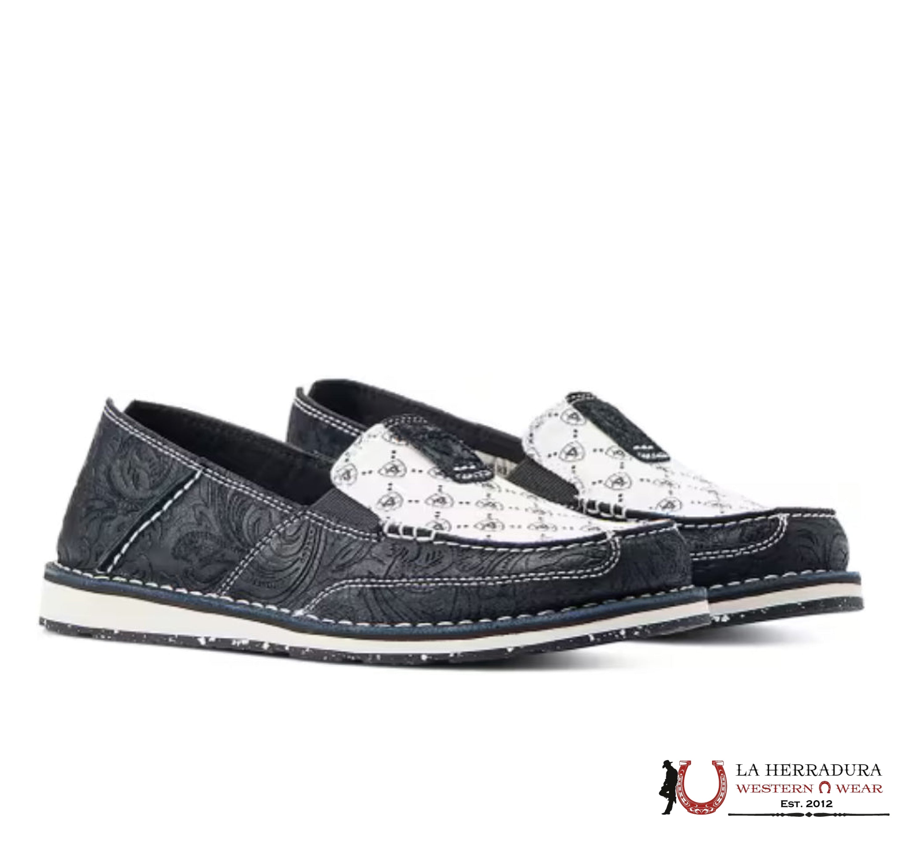 ARIAT WOMENS SLIP ON CRUISER BLACK SUEDE EMBOSS BLACK & WHITE ARIAT LOGO PRINT- 4529 ZAPATOS MUJERES