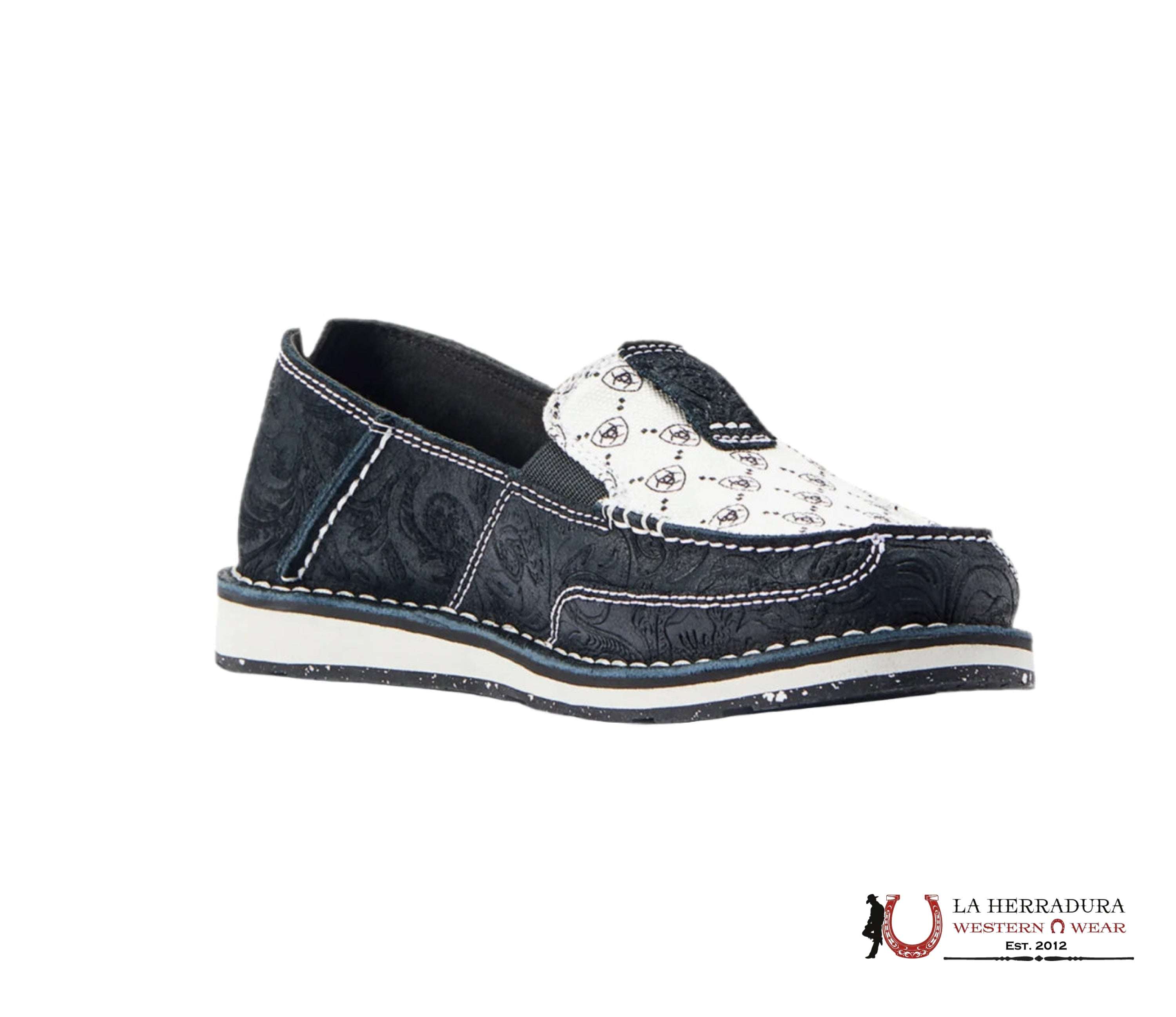 ARIAT WOMENS SLIP ON CRUISER BLACK SUEDE EMBOSS BLACK & WHITE ARIAT LOGO PRINT- 4529 ZAPATOS MUJERES