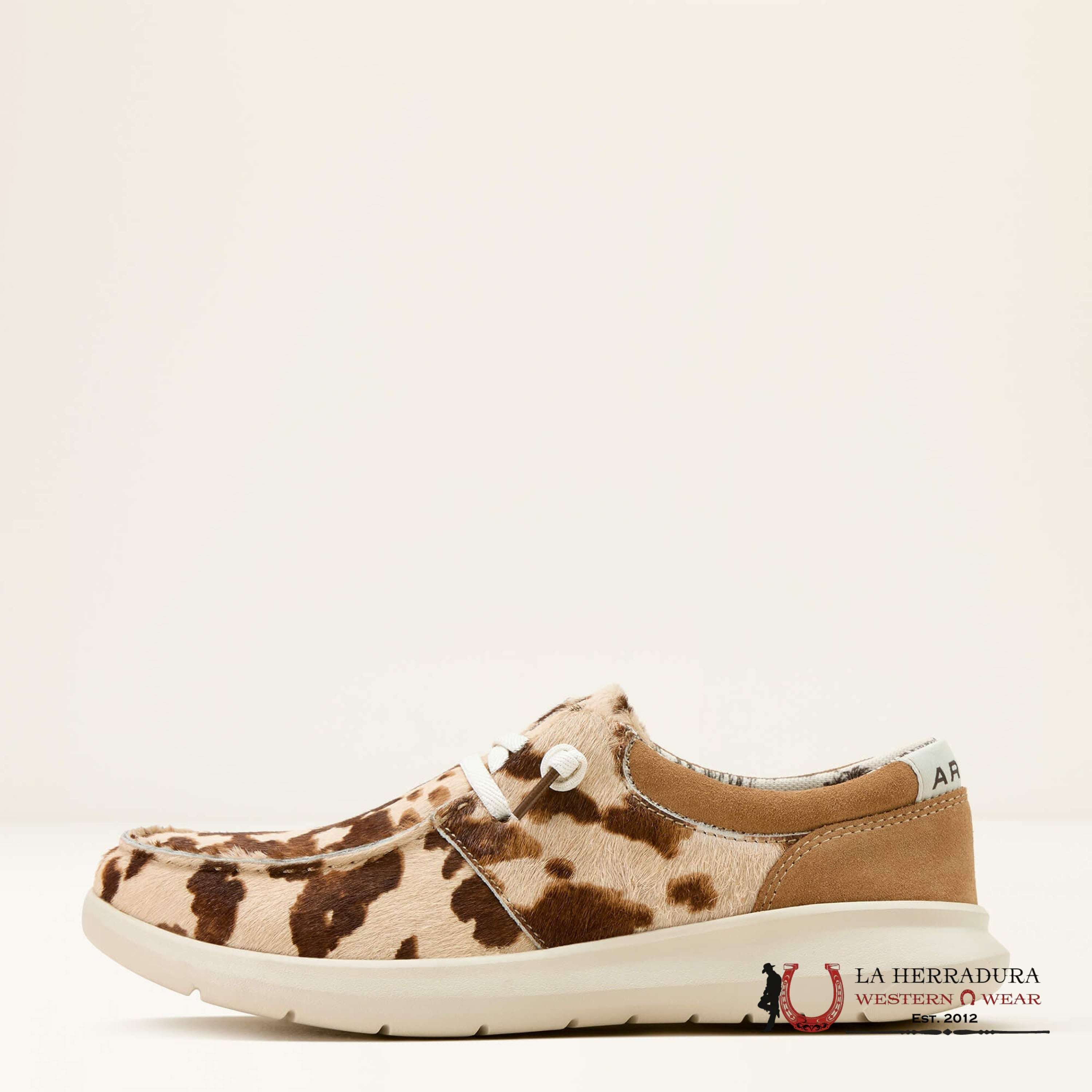 ARIAT WOMENS SLIP ON HILO TAN AND WHITE BUNDLE HAIR ON/DARK TAN SUEDE ZAPATOS MUJERES