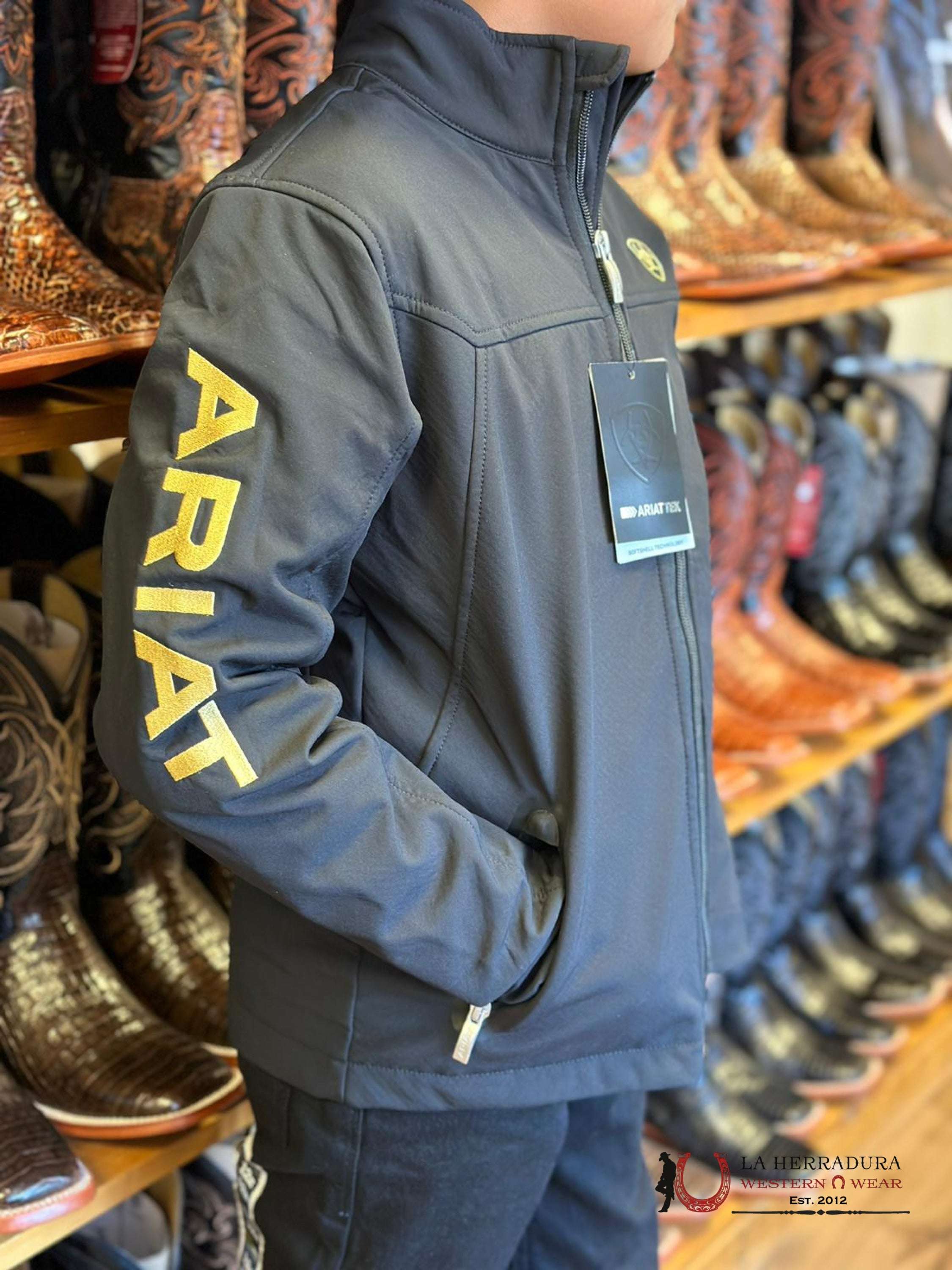 Ariat Youth Soft Shell Jacket Team Logo Black Gold Niños