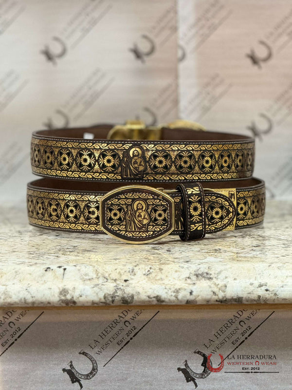 CINTURÓN VERDE DE SAN JUDAS DE 2 PULGADAS CON DETALLES NEGRO Y DORADO