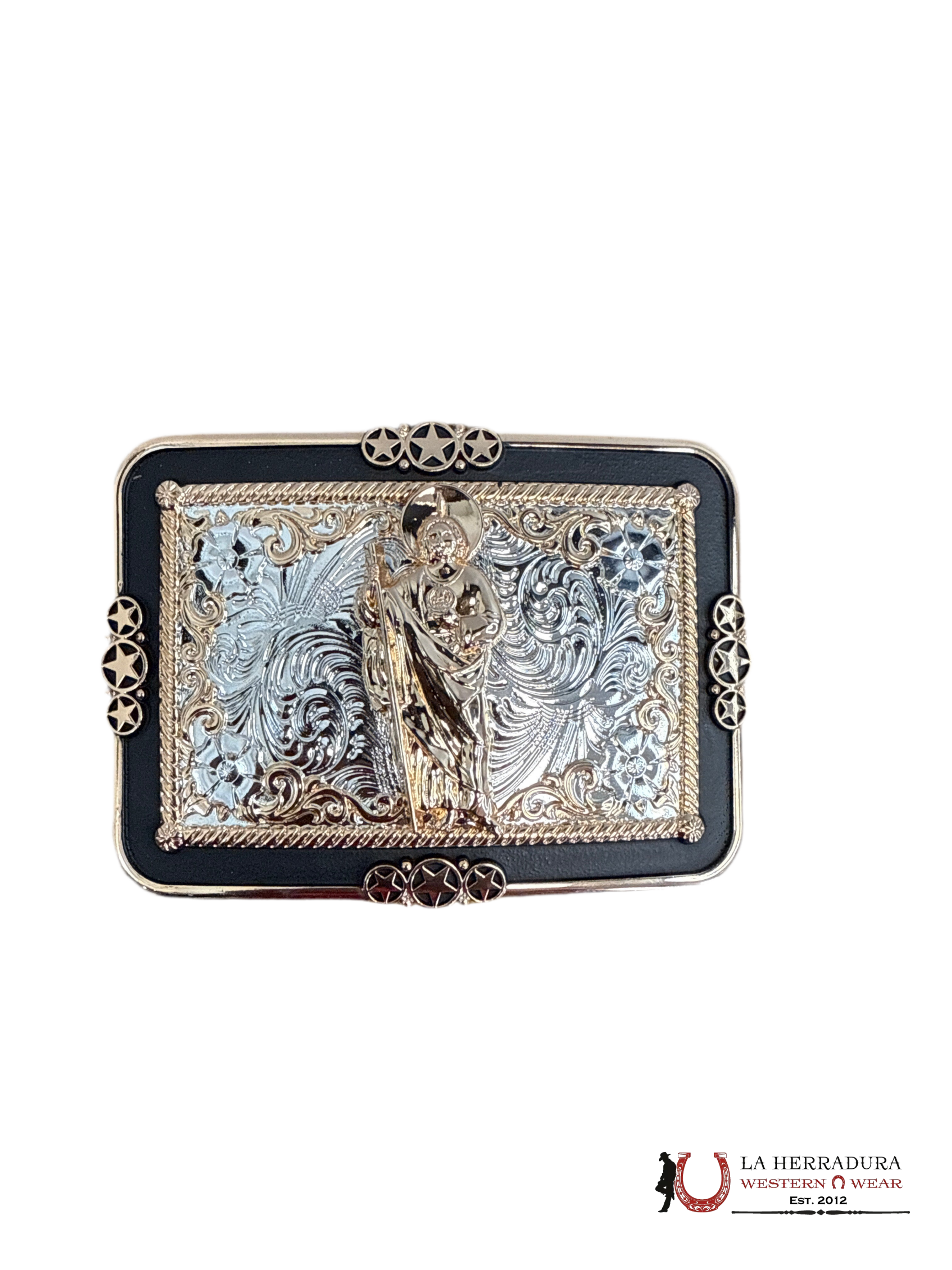 BLACK & ROSE GOLD SAN JUDAS SQUARE BUCKLE 10 ACCESORIOS