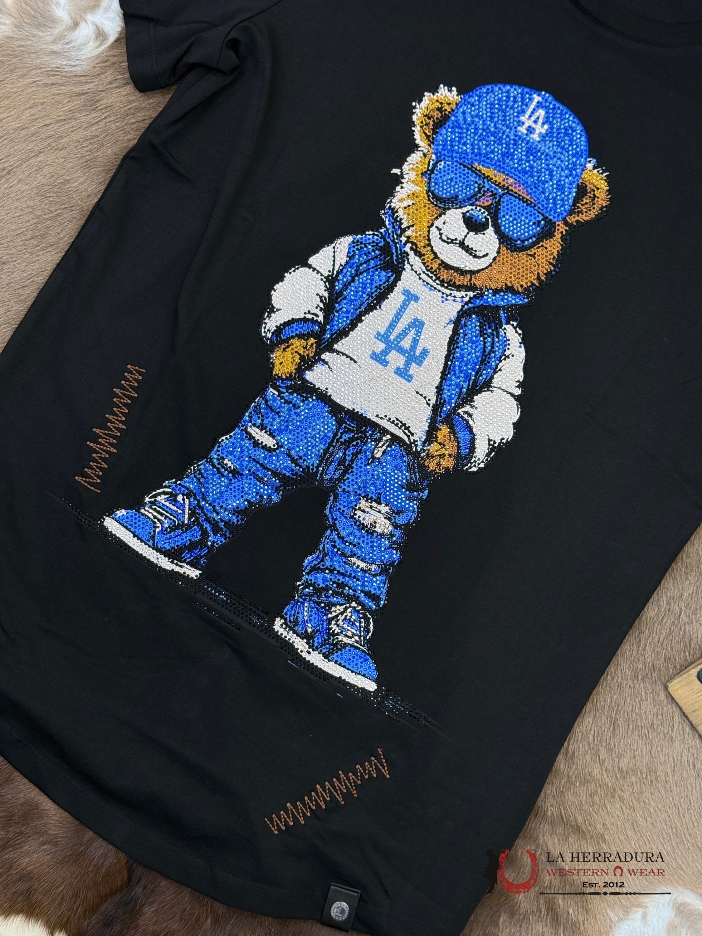 Black Short Sleeve Shirt Blue Bear With Blue Glasses With Sparkles Men ROPA HOMBRES