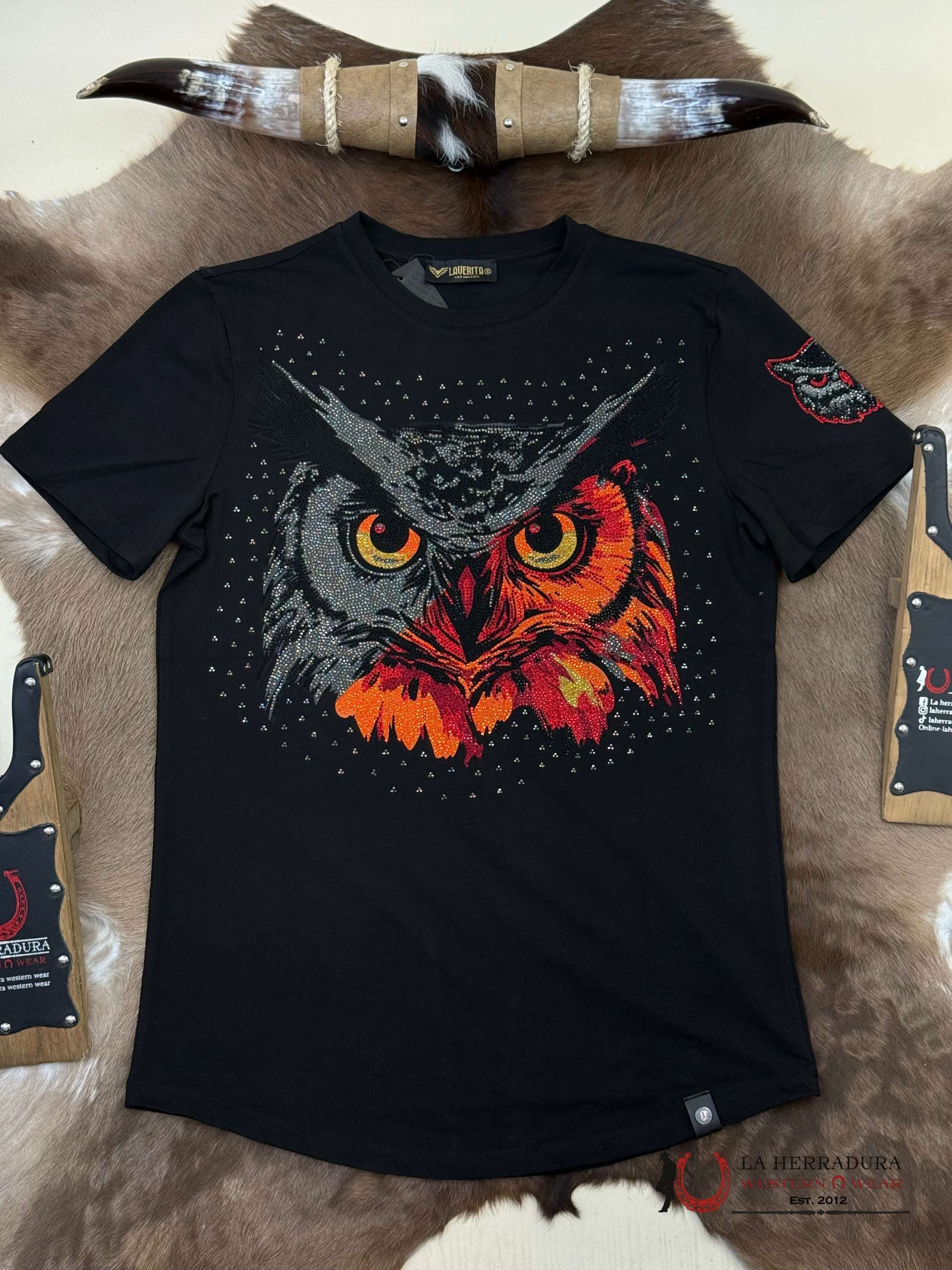 Black Short Sleeve Shirt Owl Red/Orange Sparkles Men ROPA HOMBRES