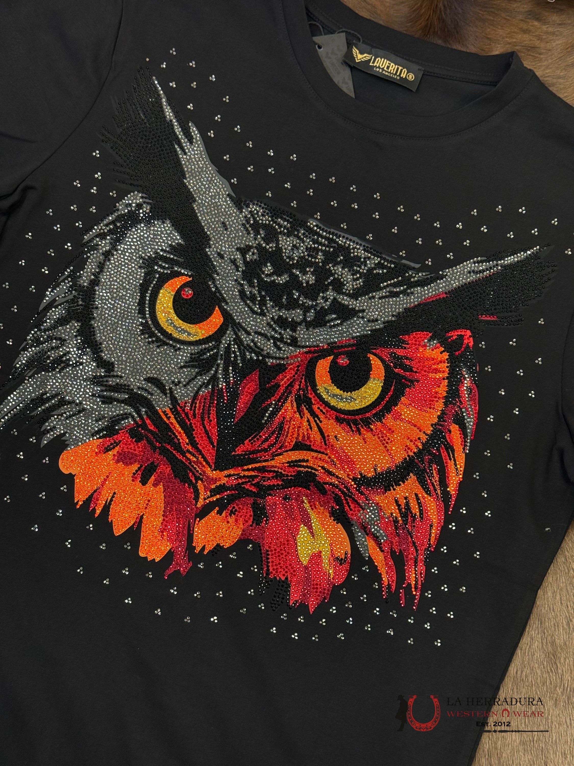 Black Short Sleeve Shirt Owl Red/Orange Sparkles Men ROPA HOMBRES