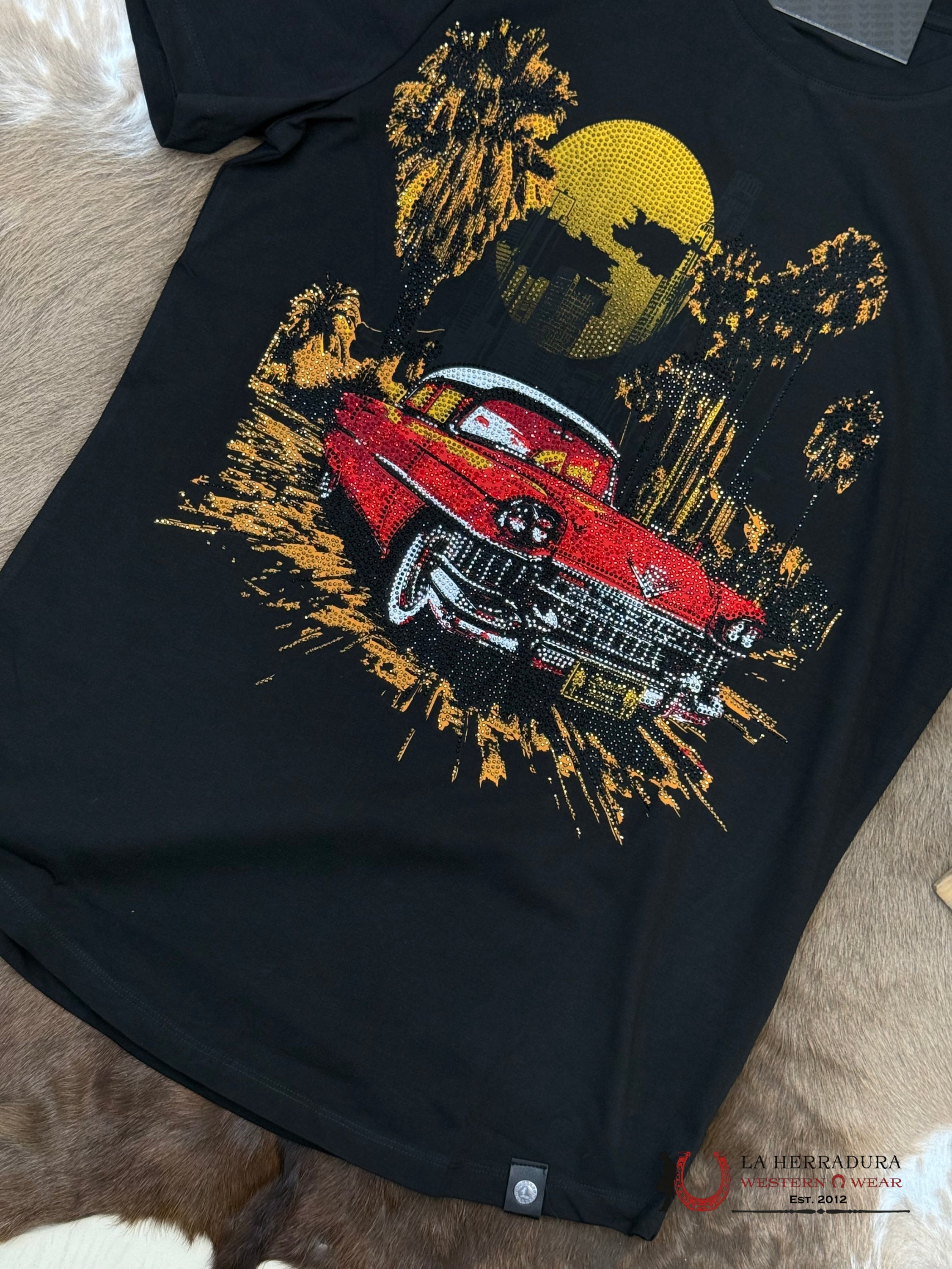 Black Short Sleeve Shirt Sun Set With Sparkles Men ROPA HOMBRES