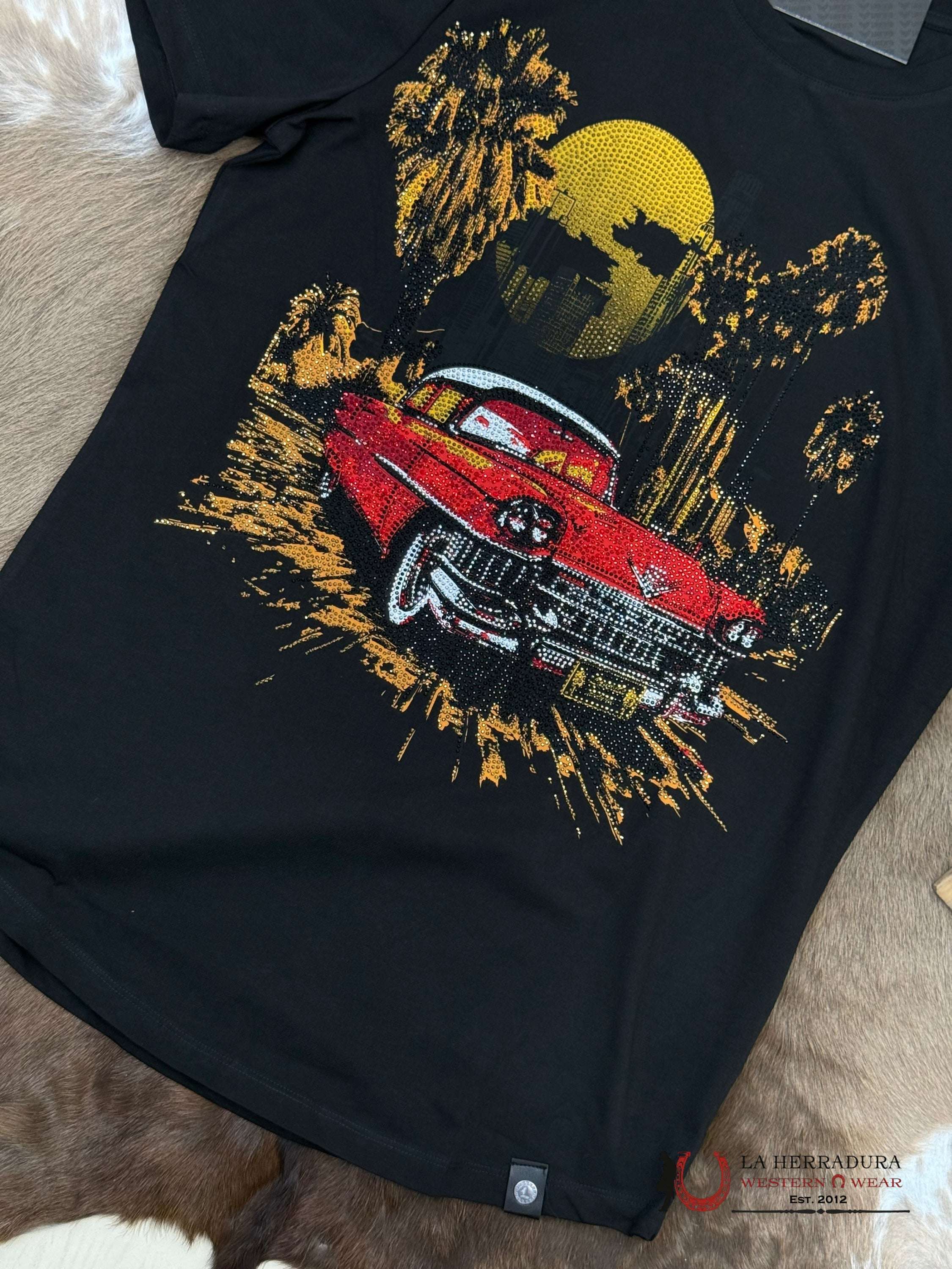 Black Short Sleeve Shirt Sun Set With Sparkles Men ROPA HOMBRES