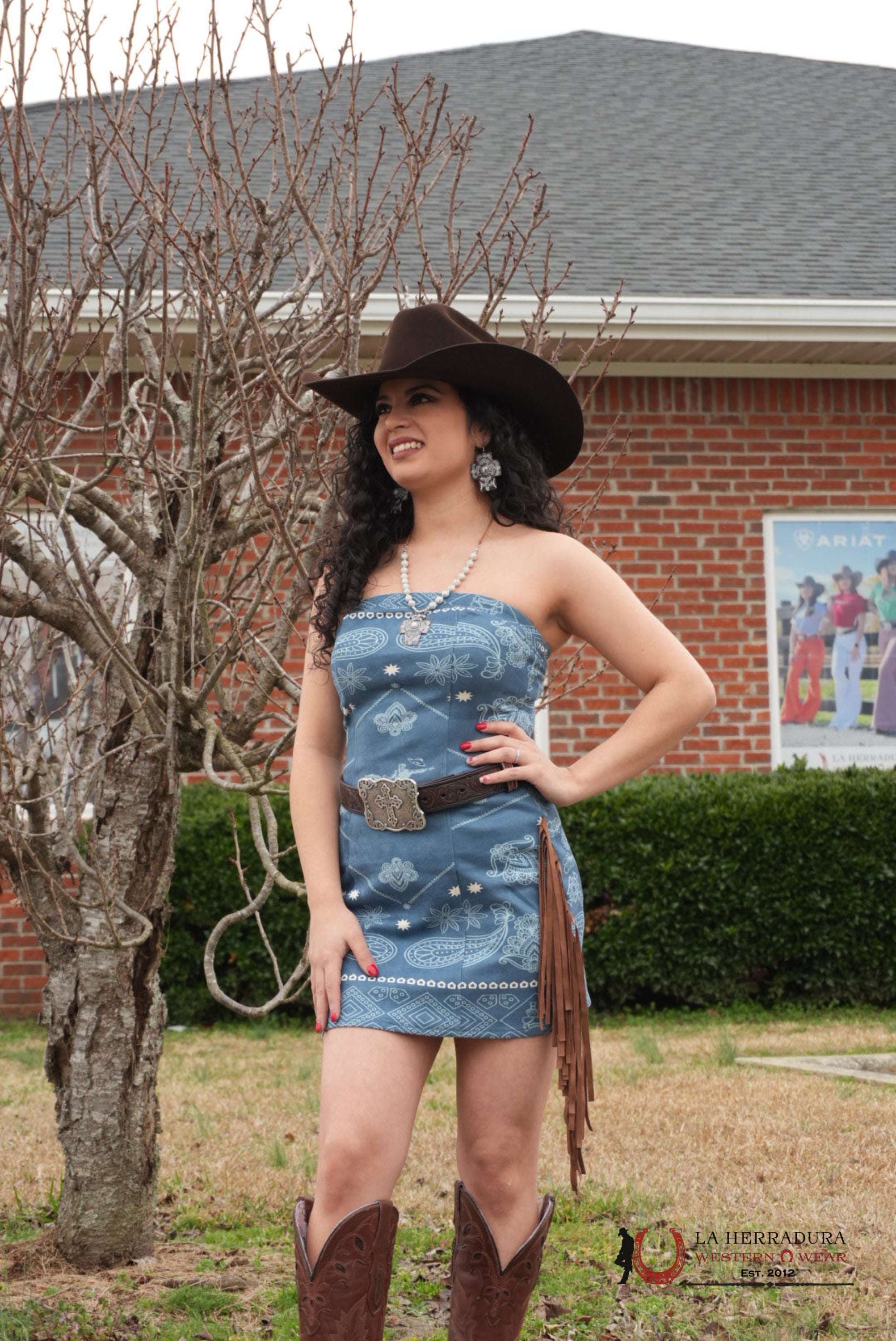 Blue Paisley Brown Fringe Dress ROPA MUJERES