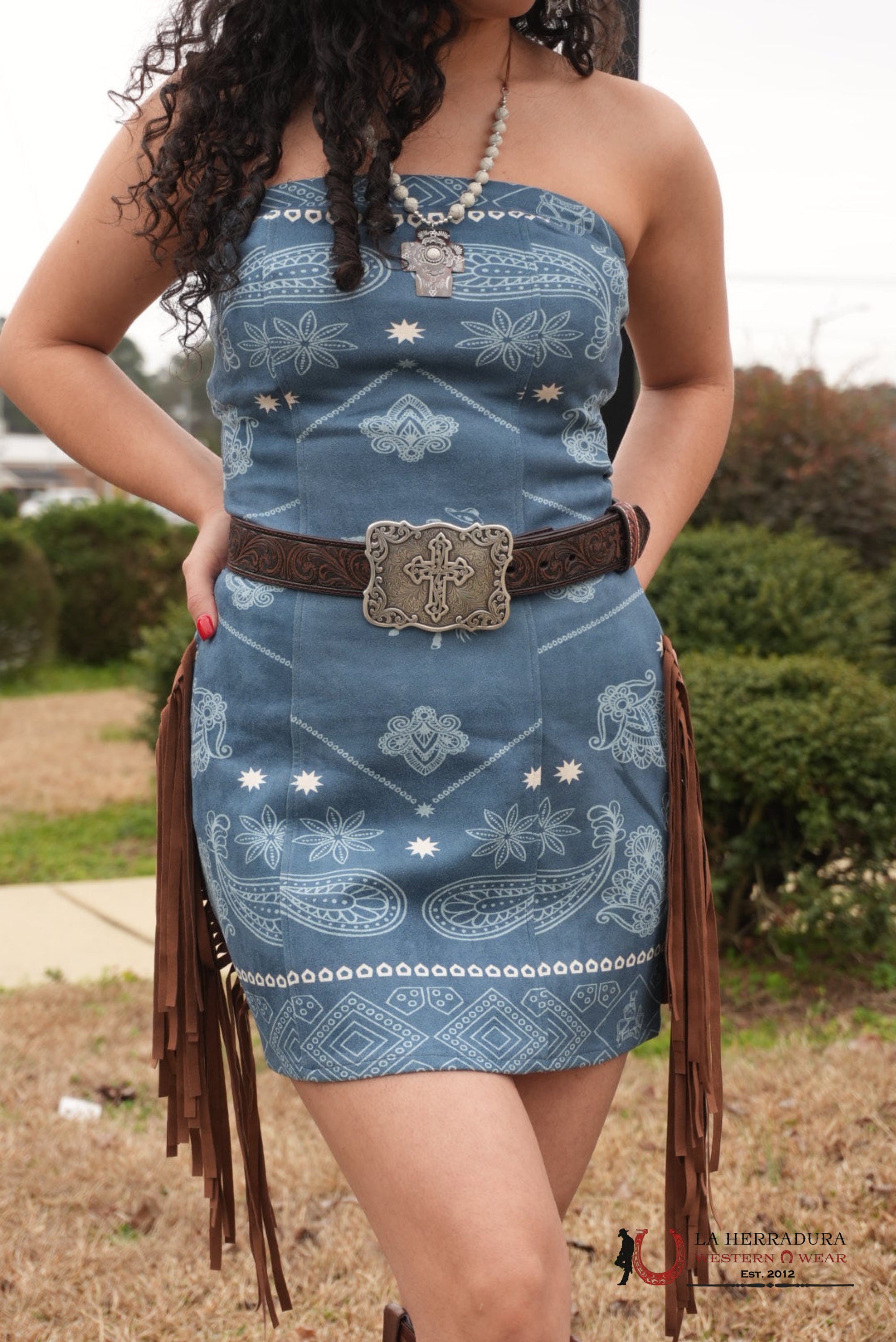 Blue Paisley Brown Fringe Dress ROPA MUJERES