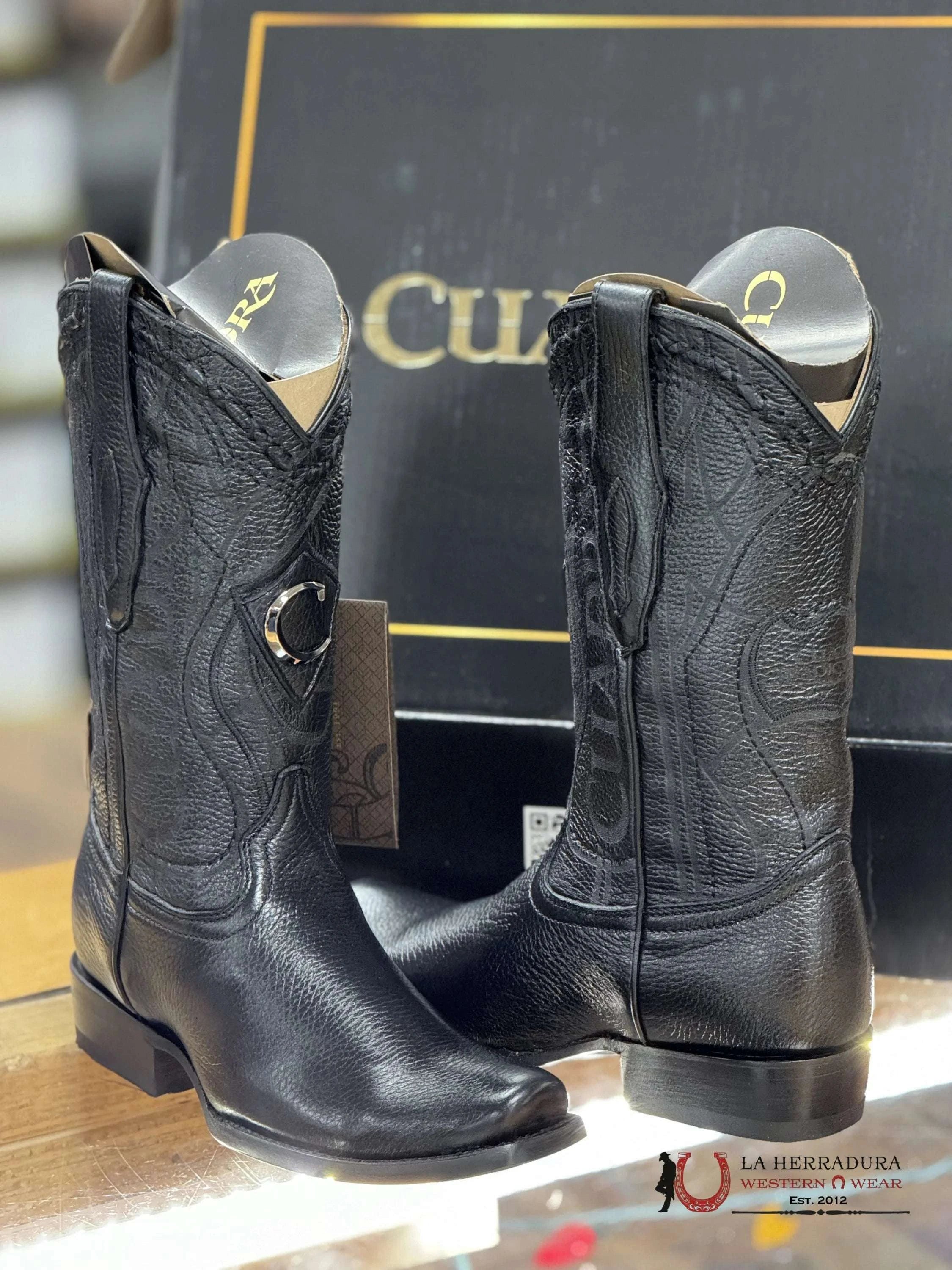 Boots Cuadra Deer Laser / Venado Italiano Punta Semi Cuadrada Black Botas Hombres