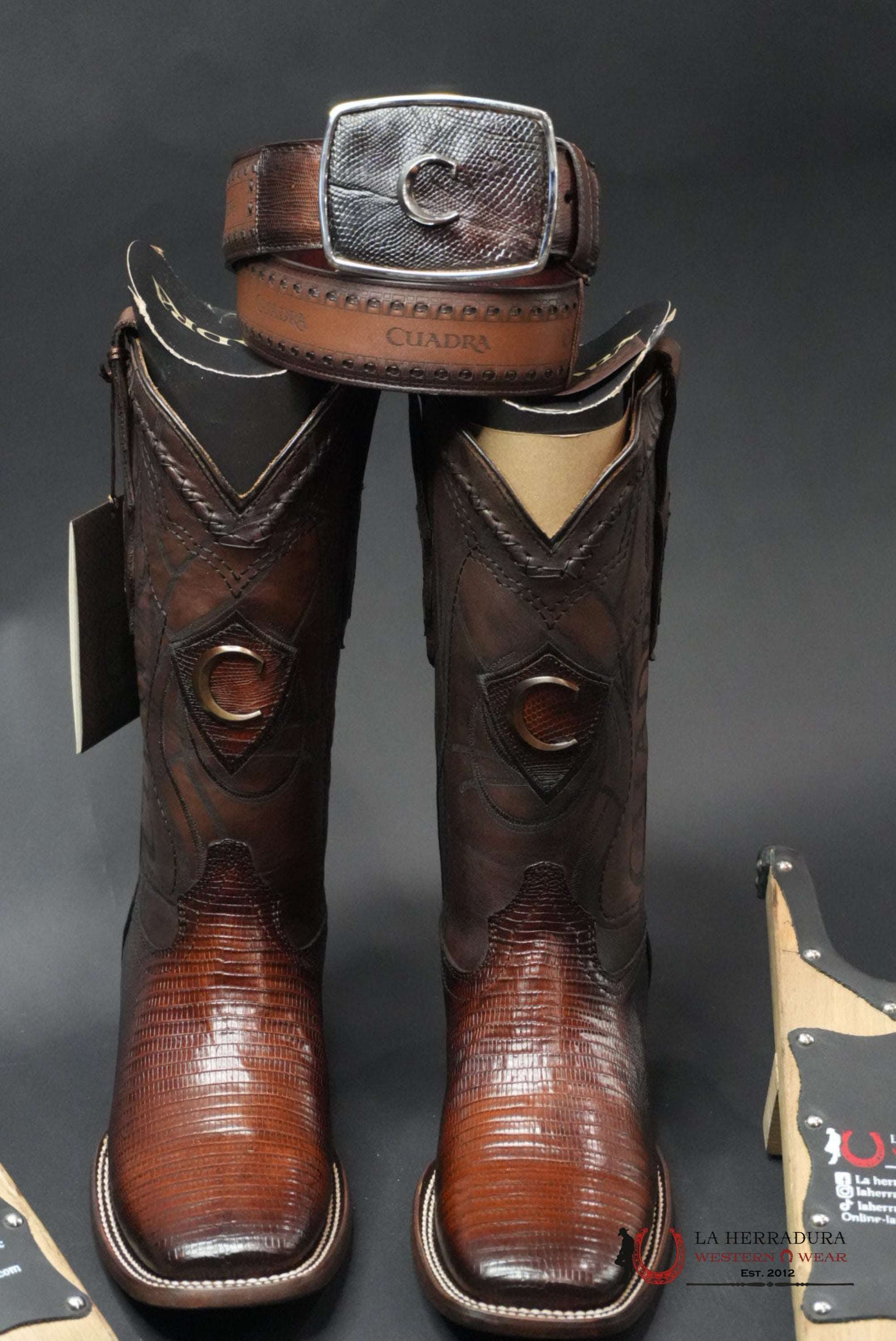BOOTS CUADRA LIZARD TEJU ANTIQUE MIEL SQUARE TOE BOTAS HOMBRES