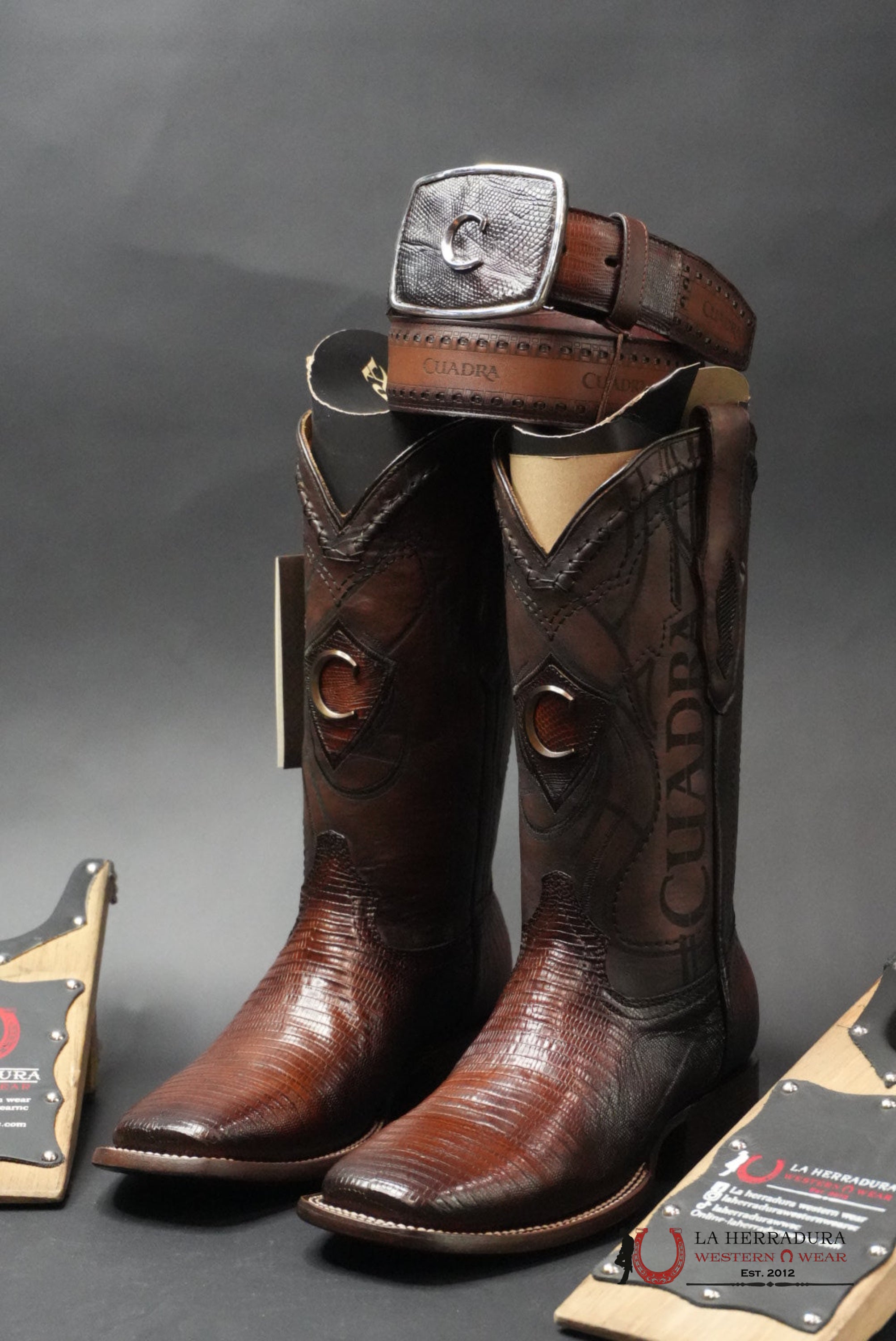 BOOTS CUADRA LIZARD TEJU ANTIQUE MIEL SQUARE TOE BOTAS HOMBRES