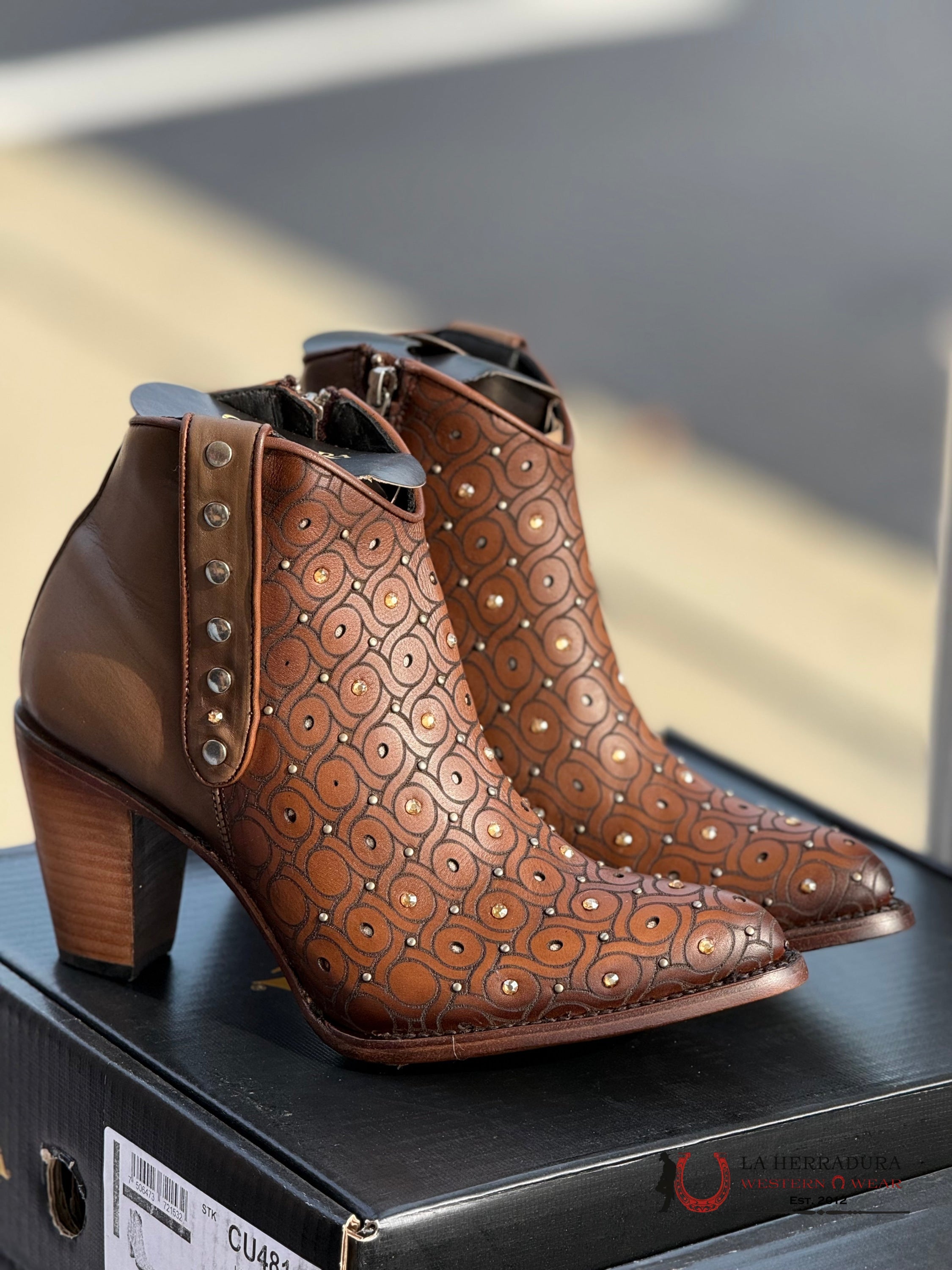 Botin Cuadra Crust Maple Miel Laser Cristals Stufs Round Toe Botas Mujeres