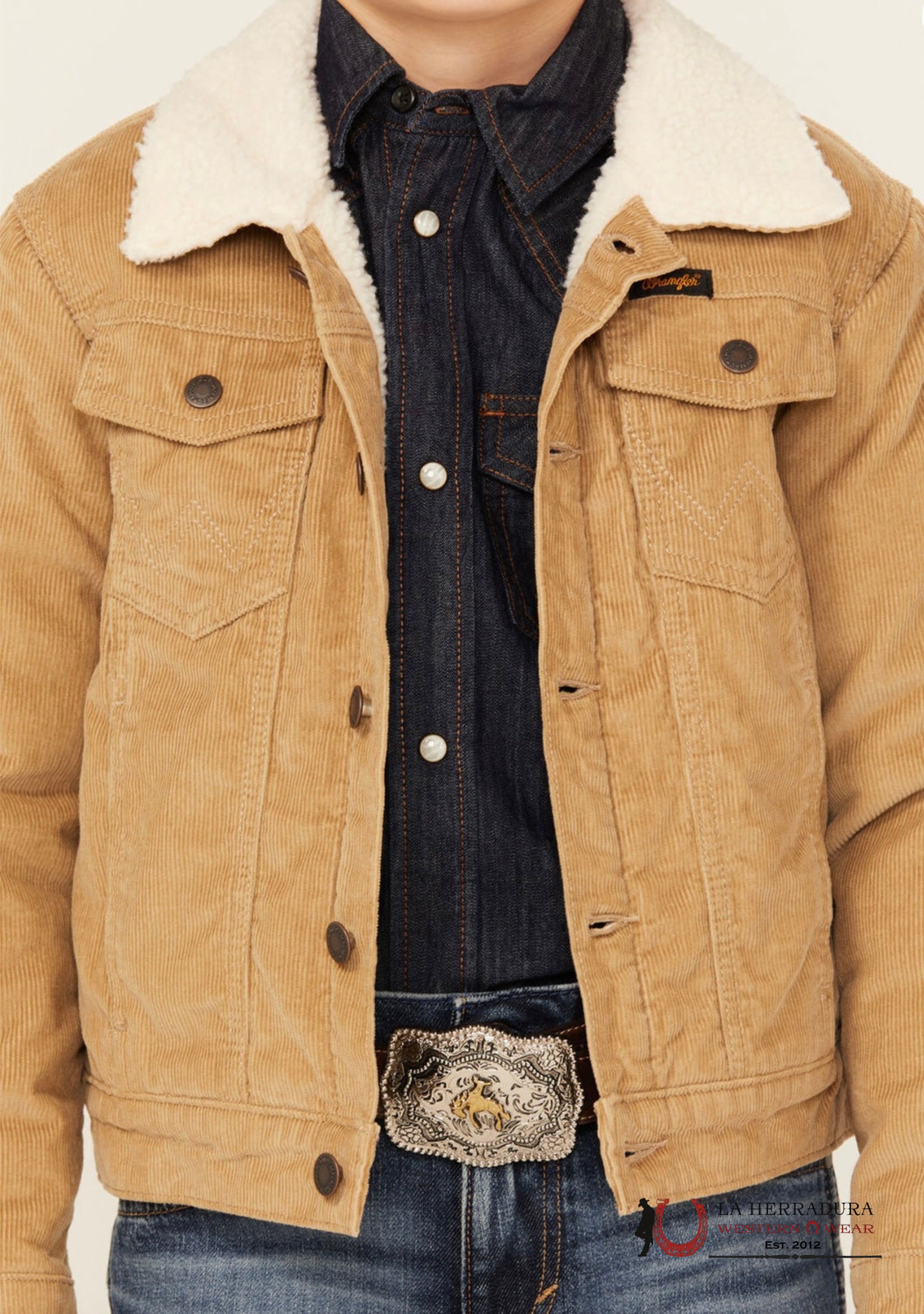 Boy’s Wrangler® Cowboy Cut® Sherpa Lined Corduroy Jacket In Wheat Niños