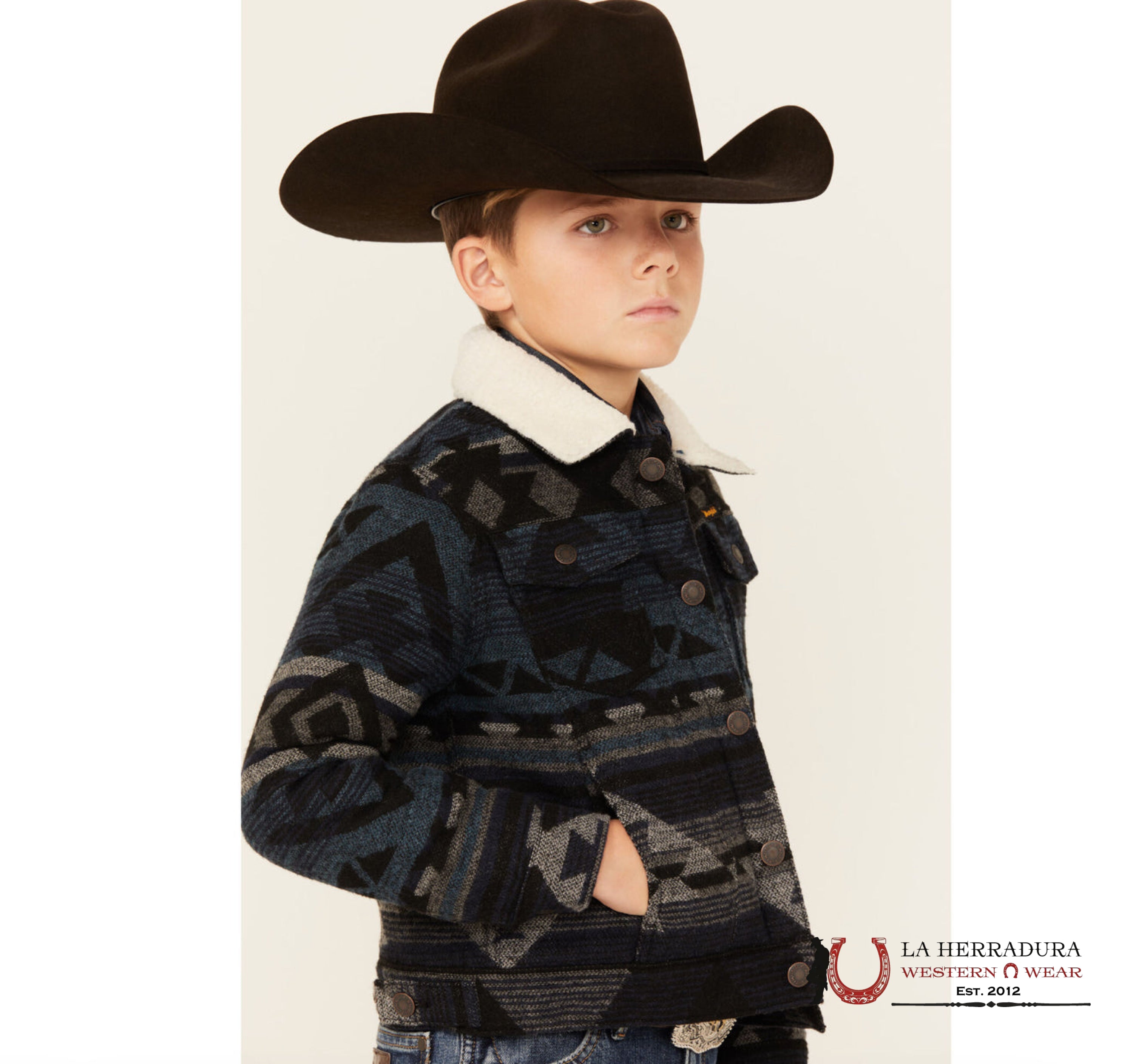 Boy’s Wrangler® Sherpa Lined Jacquard Print Jacket In Navy Waters Niños