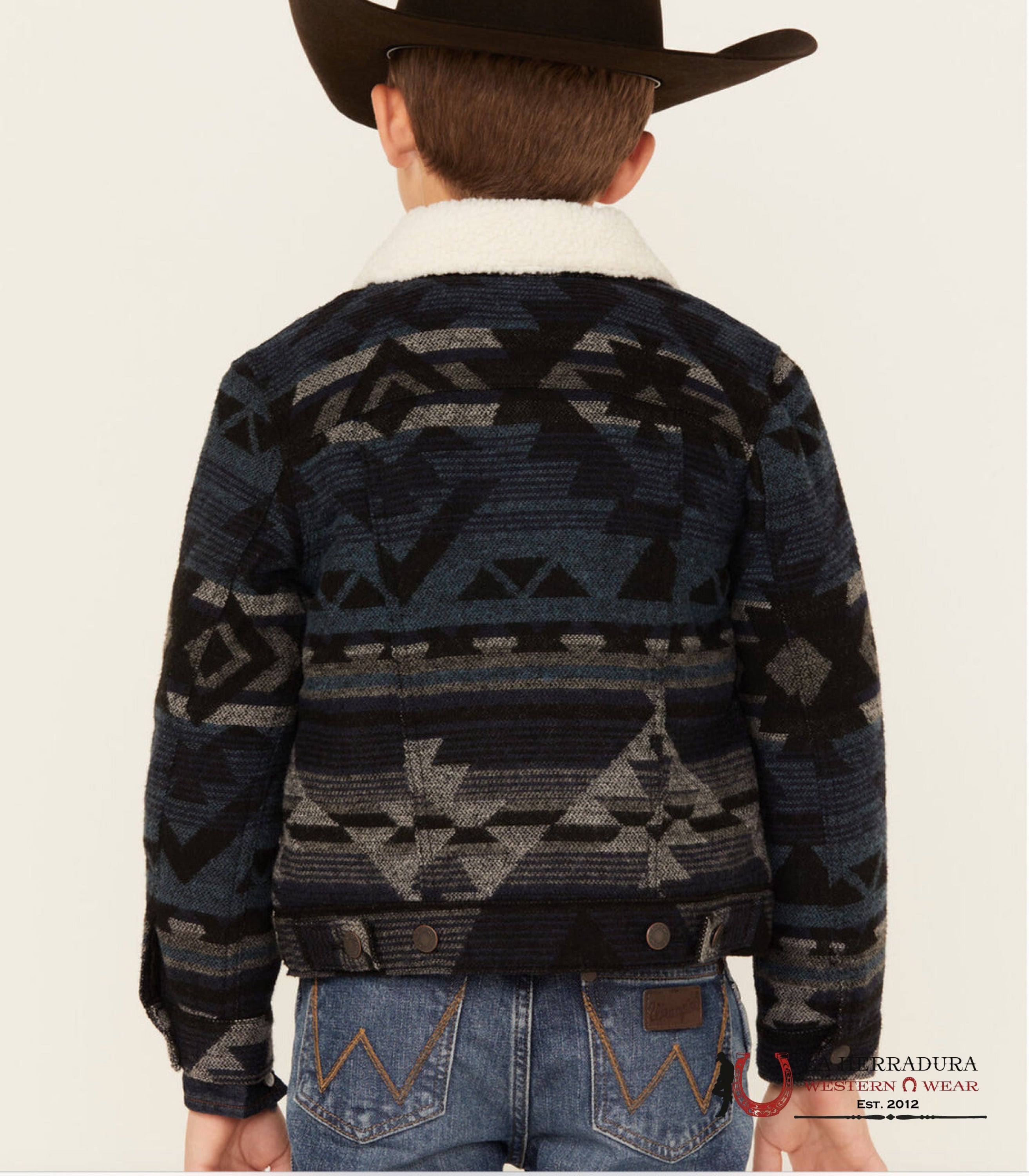Boy’s Wrangler® Sherpa Lined Jacquard Print Jacket In Navy Waters Niños