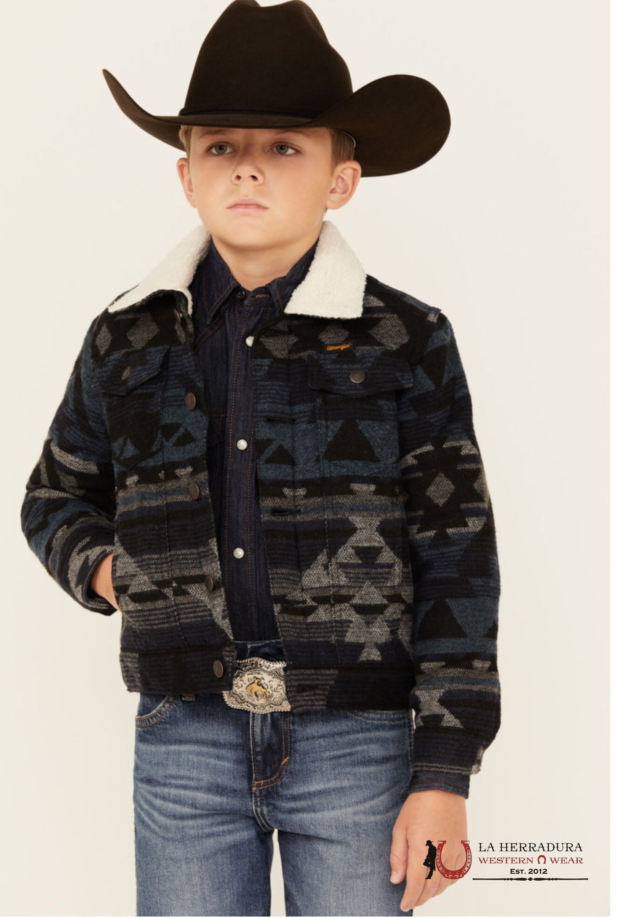 Boy’s Wrangler® Sherpa Lined Jacquard Print Jacket In Navy Waters Niños