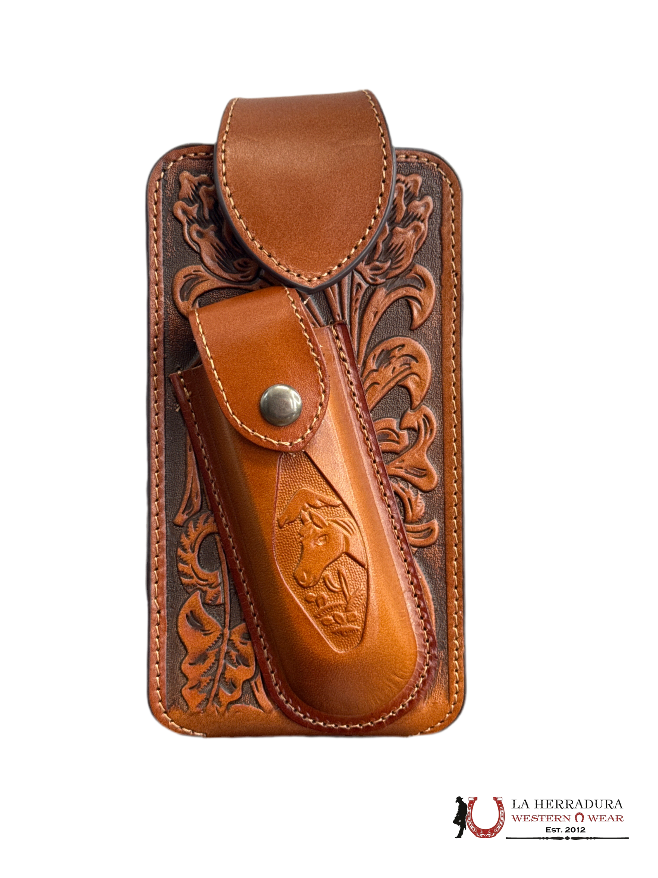 BROWN HORSE CINCELADO PHONE & KNIFE CASE HOLDER